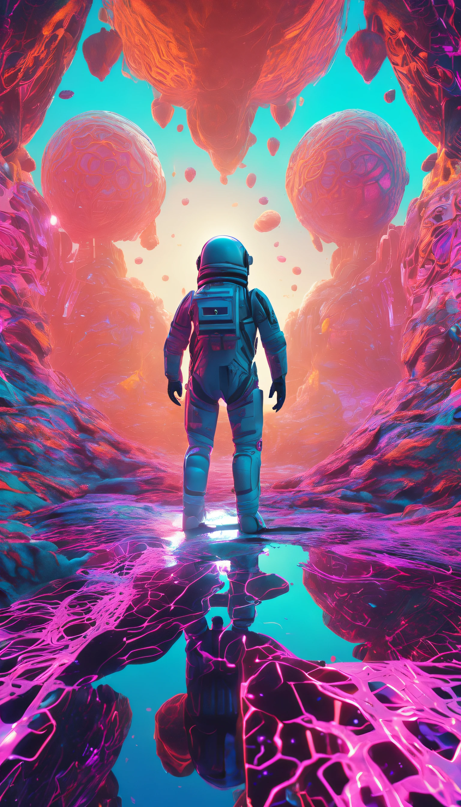 A cybernetic astronaut floats in a surreal landscape of neon fractals and bright glyph patterns.