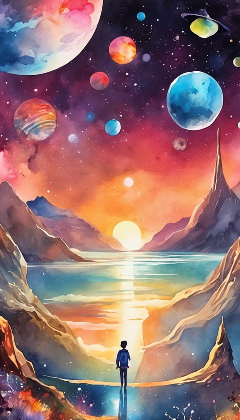 Colorful futuristic space illustration，There's a planet in the middle,com naves e discos voadores,two are two moons and a rainbow-colored sky a beautiful art illustration