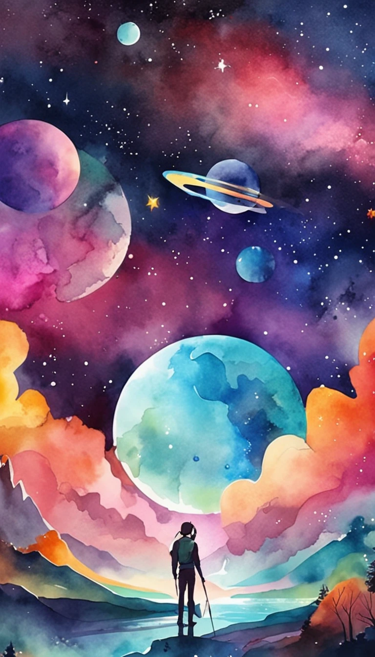 Colorful futuristic space illustration，There's a planet in the middle,com naves e discos voadores,two are two moons and a rainbow-colored sky a beautiful art illustration