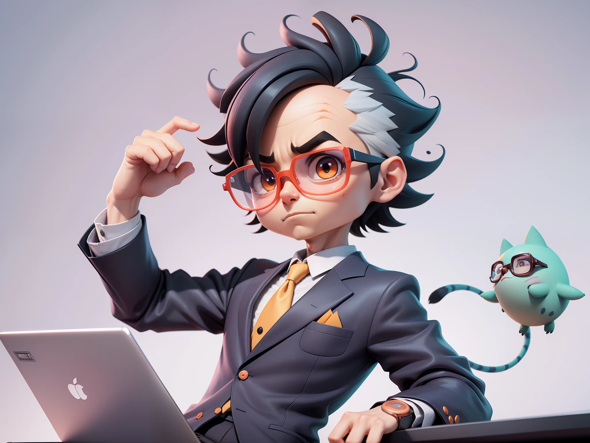 A young man in a suit, Short hair and glasses sat at his desk，holding laptop，digitial painting，tigre，3D character design by Mark Clairen and Pixar and Hayao Miyazaki and Akira Toriyama，4K HD illustration，Very detailed facial features and cartoon-style visuals。