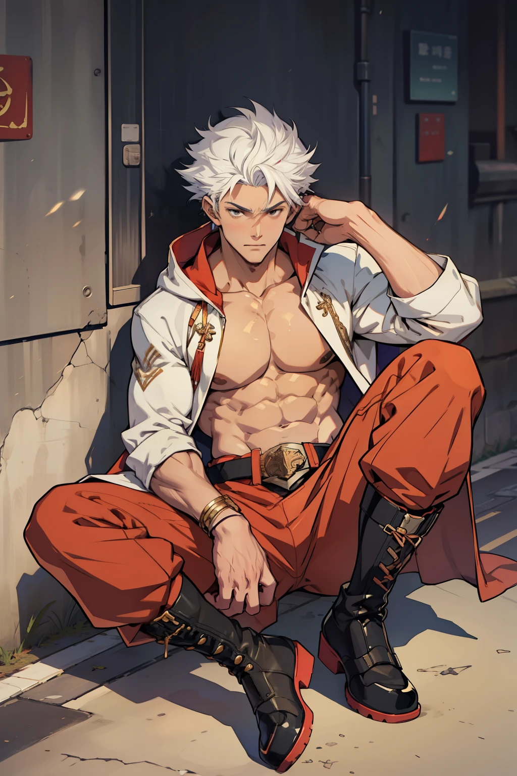 Highest image quality,male people,child,1 boy,Young and handsome,shoun,White color hair,Short flat top hair,Dark skin,anime big breast,anime wallpaper,Solo,malefocus,Briefs,Dilation of the pectoral muscles,Red cape,Bulging crotch,Urban background,spread their legs,Sexy,(Masterpiece, Best quality),Long white socks,Red Martin boots,