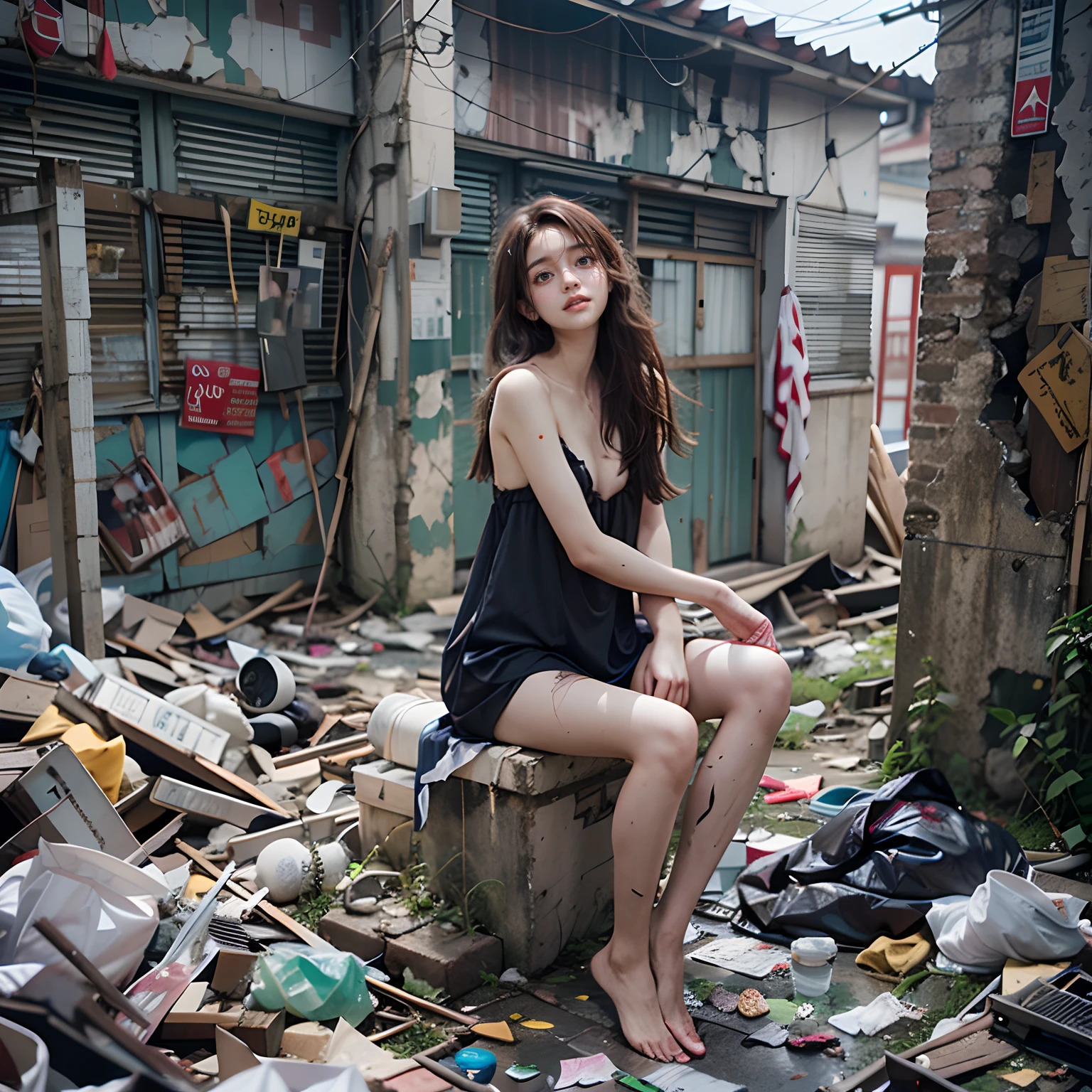 abandoned building，Garbage all over the ground，grimy，18-year-old beautiful Korean beauty，very beautiful long slim legs，(Random nudity)，exhibitionists，Random exposure of genitals