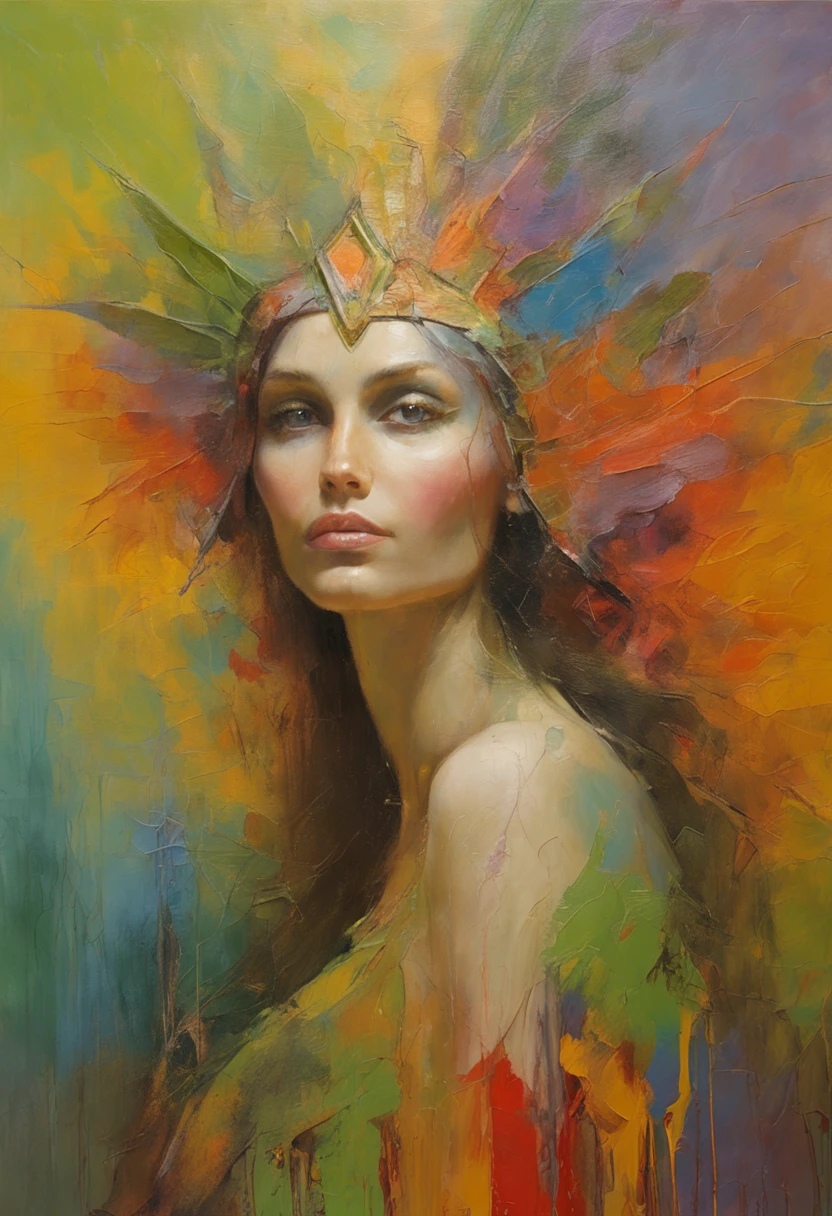 The art of seduction (art inspired in Bill Sienkiewicz). oil painting) (best quality,4k,8k,highres,masterpiece:1.2),ultra-detailed,(realistic,photorealistic,photo-realistic:1.37),intricate details,vivid colors,sharp focus,professional, oil touch of surrealism,oil painting style