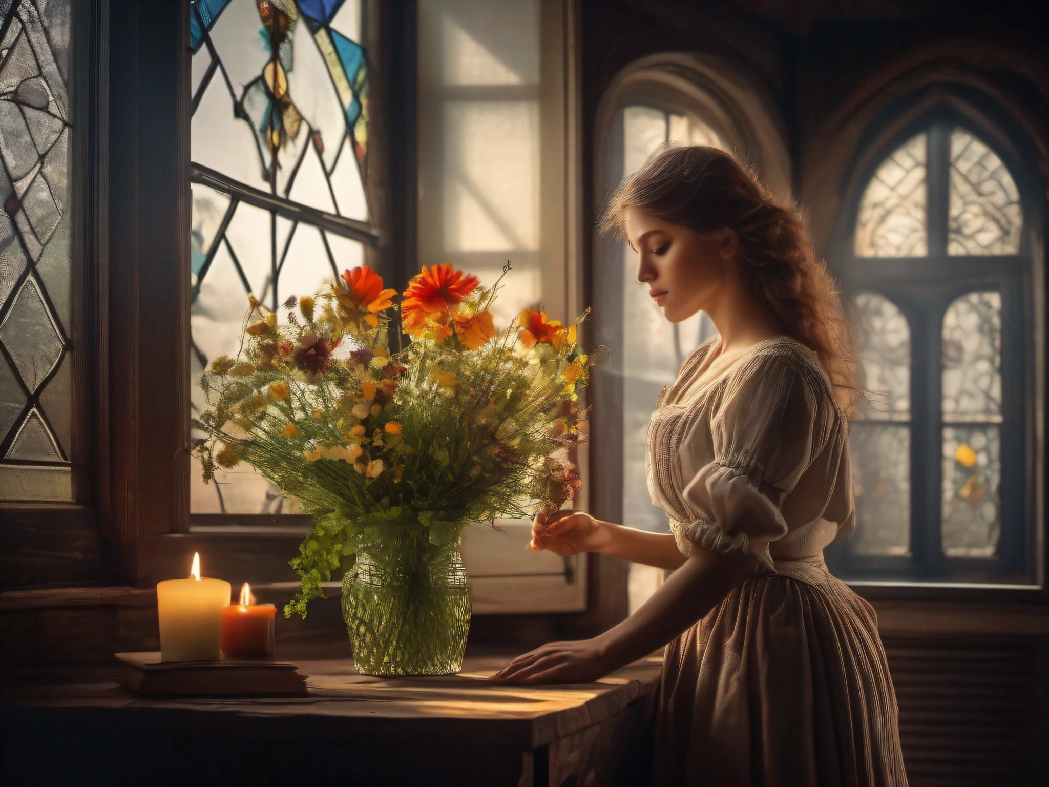 bouquet of wildflowers, pretty young peasant woman watering the flowers, open window with stormy sky, old wooden table, Romanticism, backlighting, ray tracing, f/16, Canon, masterpiece, high quality, 8k
stained glass, raven, open book, full moon, candle, Art Deco, Gothic art, reflection light, diffraction spikes, f/16, 85mm, masterpiece, high quality, 8k