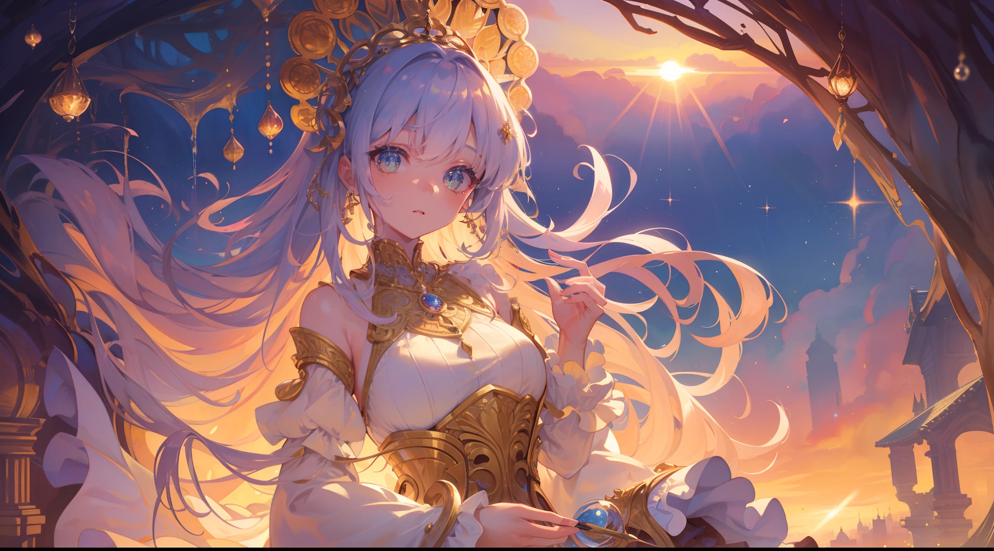 masterpiece, best quality, 8k resolution, sharp focus, intricate detail, beautiful girls, multiple girls, duo, trio, sparkling eyes, golden ratio face, otherworldly liquid, watercolor, sunset colors, bright colors, whimsical, colorful, sharp focus, high resolution, fine detail, ((layered tiered puffy long sleeves ballgown)), ((round eyes)), iridescent bubbles, fantasia background
