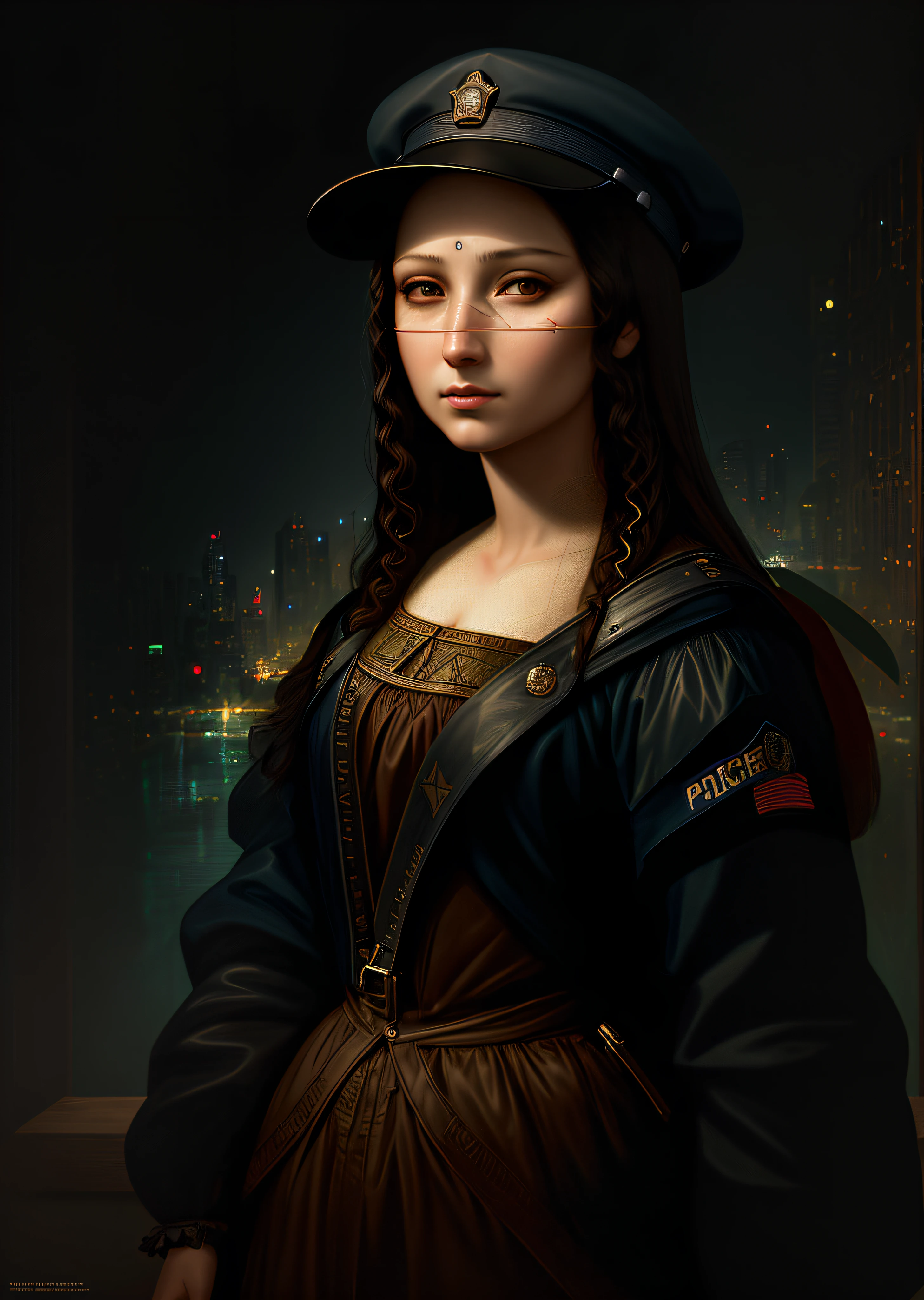 Mona Lisa wears American police uniform, wearing an octagonal police cap, bulletproof vest, pistol, gentle expression, full body portrait, police boots, catwalk, masterpiece, highest quality, high quality, highly detailed CG unit 8k wallpaper, award winning photo, bokeh, depth of field, HDR, flood, chromatic aberration, realistic, very detailed, art station trend, CGsociety trend, complex, high detail, dramatic, midway art, volumetric lighting