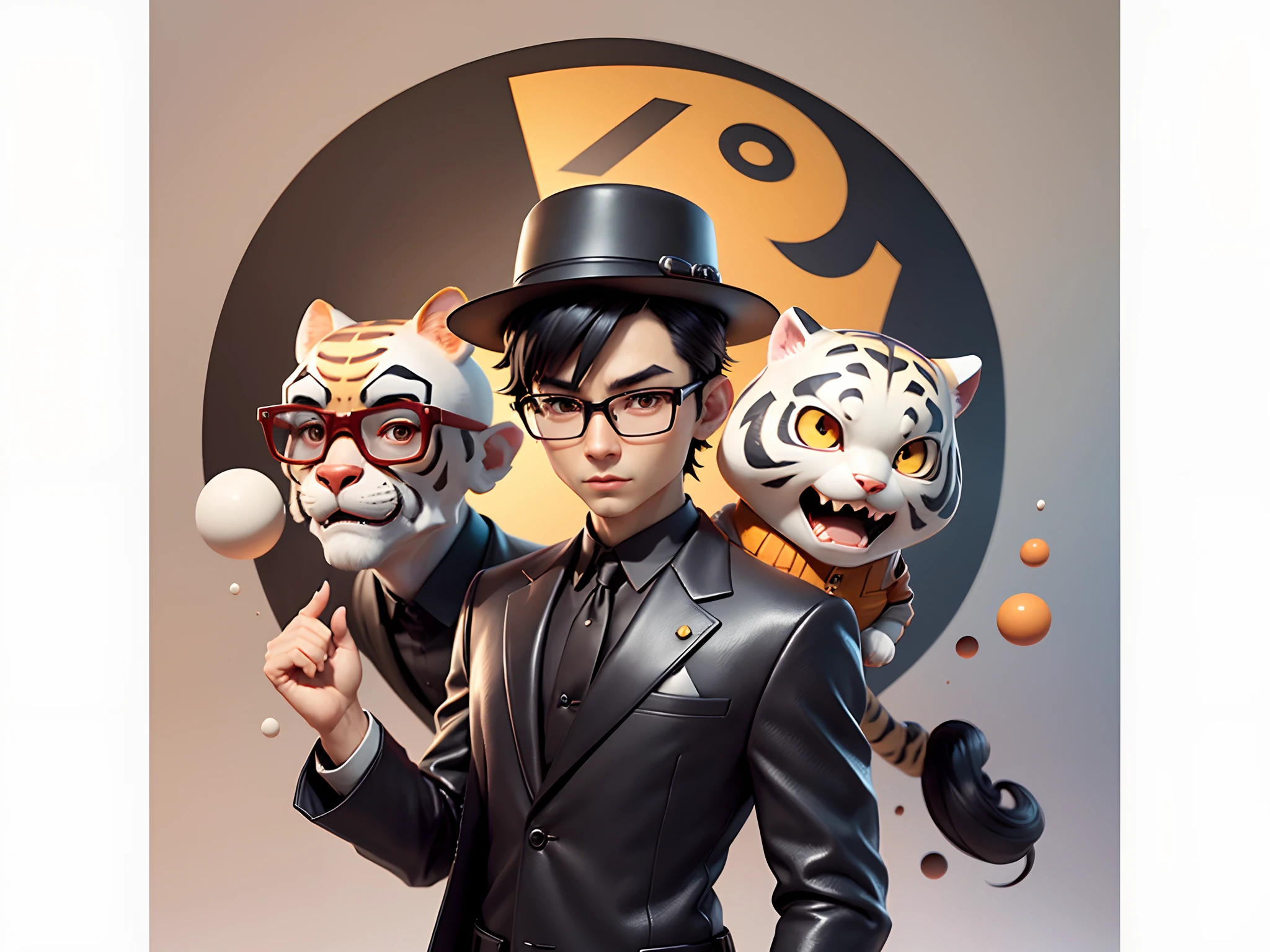Young man with oriental face in leather hat, tiger, oriental face in formal suit, short black hair, silver glasses, digital painting, 3D character design by Mark Clairedon and Pixar and Hayao Miyazaki and Akira Toriyama, the illustration is a high-definition illustration in 4K resolution with very detailed facial features and cartoon-style visuals.