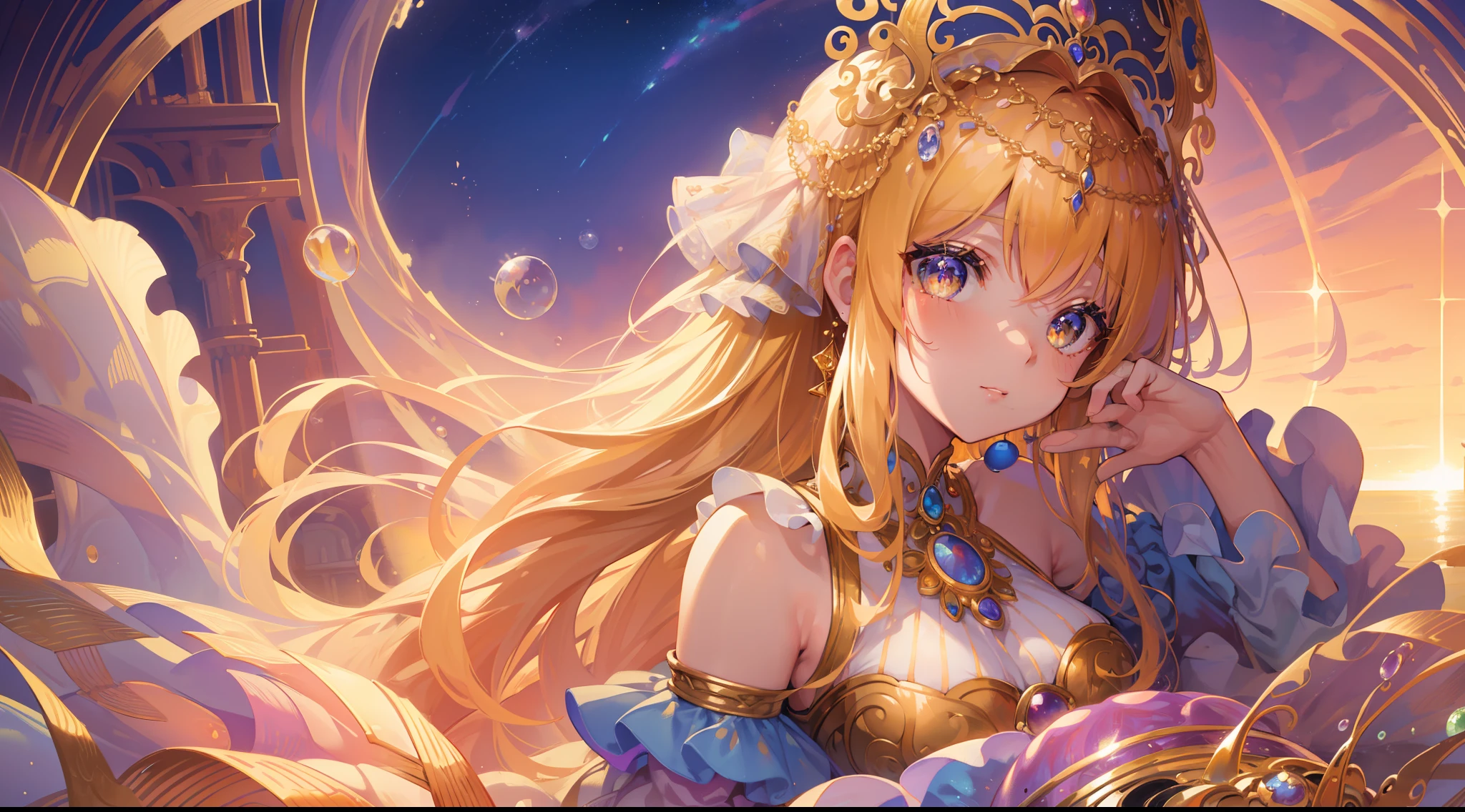 masterpiece, best quality, 8k resolution, sharp focus, intricate detail, beautiful girls, multiple girls, duo, trio, sparkling eyes, golden ratio face, otherworldly liquid, watercolor, sunset colors, bright colors, whimsical, colorful, sharp focus, high resolution, fine detail, ((layered tiered puffy long sleeves ballgown)), ((round eyes)), iridescent bubbles, fantasia background