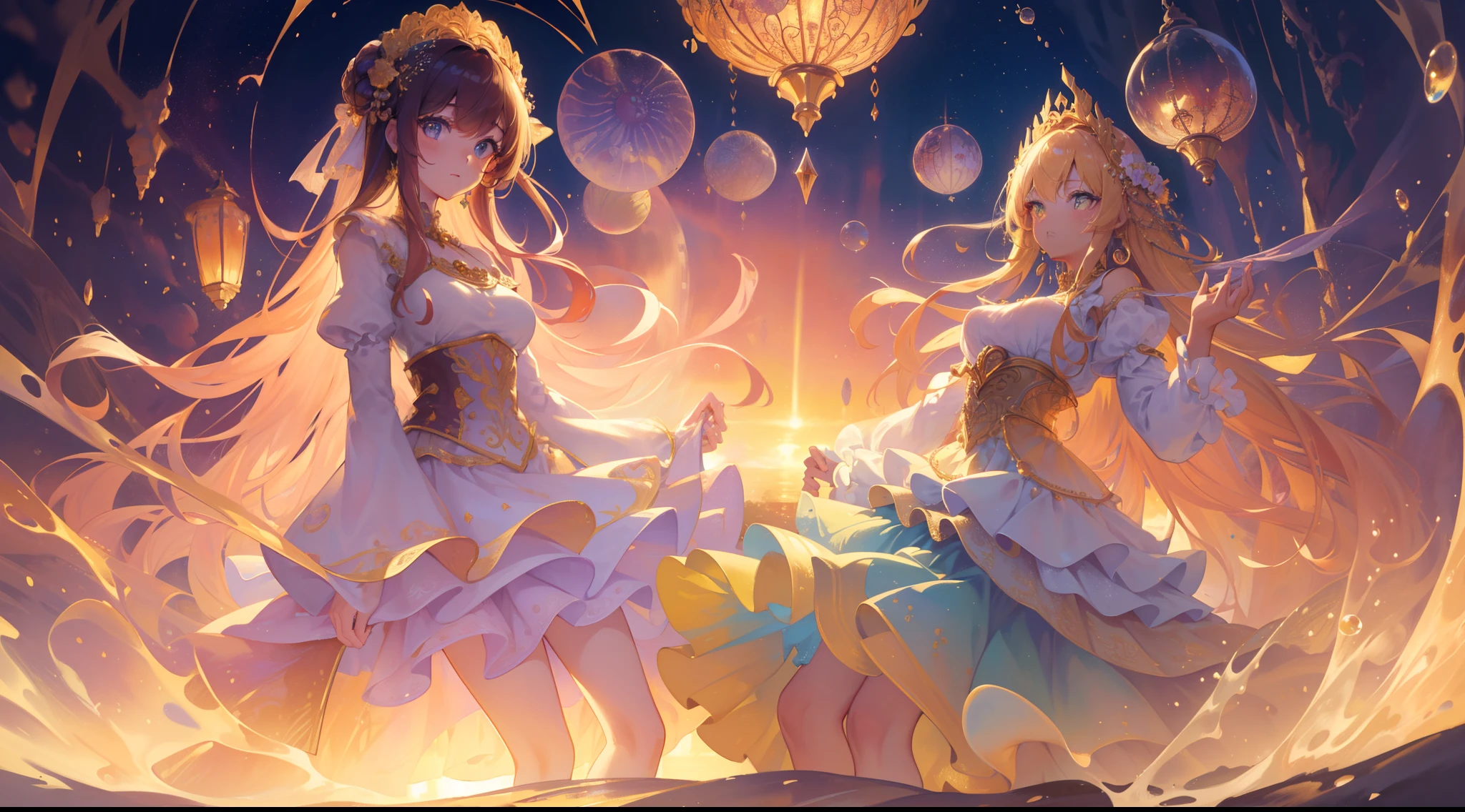 masterpiece, best quality, 8k resolution, sharp focus, intricate detail, beautiful girls, multiple girls, duo, trio, sparkling eyes, golden ratio face, otherworldly liquid, watercolor, sunset colors, bright colors, whimsical, colorful, sharp focus, high resolution, fine detail, ((layered tiered puffy long sleeves ballgown)), ((round eyes)), iridescent bubbles, fantasia background