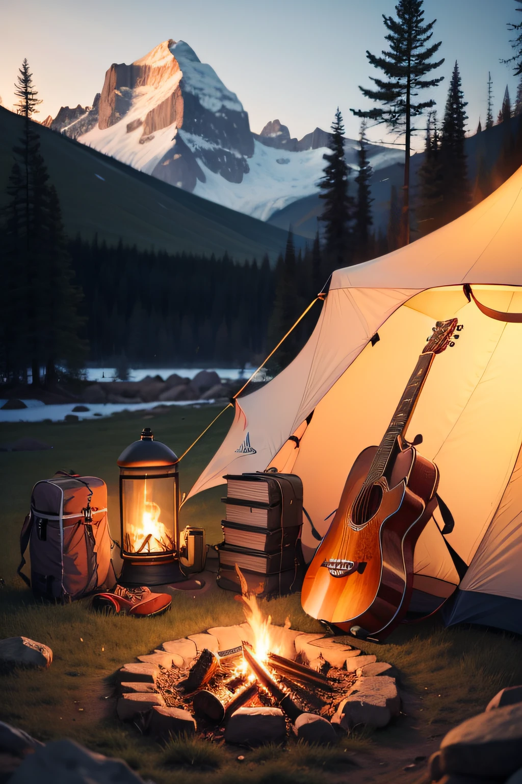 tent and backpack and guitar and campfire colioring page