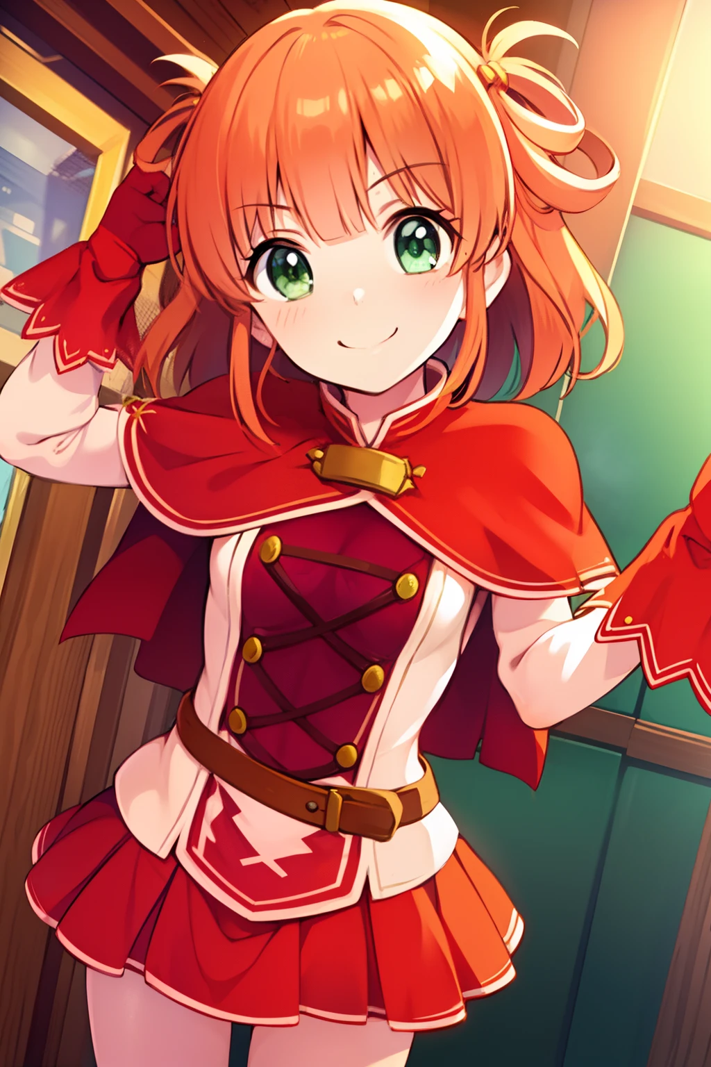 Ring hair, orange hair, light green eyes, red skirt, red small cape, young girl, slender, shy smile, cute, high quality