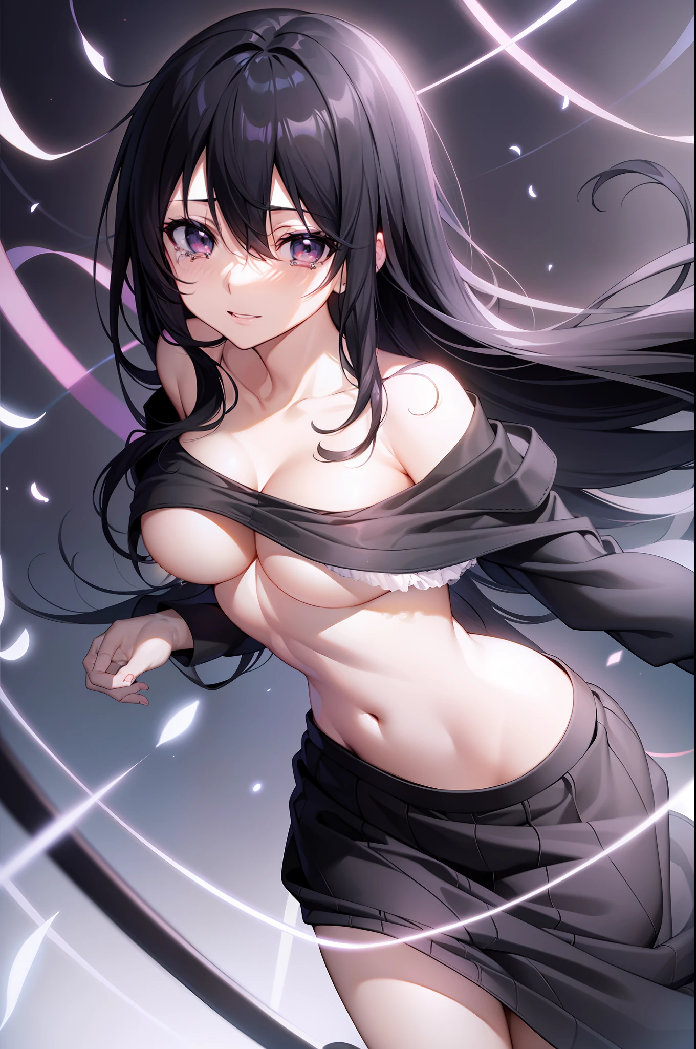 Black hair, Black hair, curtained hair, Long hair, bangs, Messy hair, hair flower, Gradient eyes, streaming tears, Purple eyes, Light smile, ripped apart, Light blush, Red lips, Ray tracing, Anime style, Sony FE GM, character sheets, hyper HD, Best quality sex turn,爆乳,hair straight,Sexy,Ultra-realistic and ultra-detailed