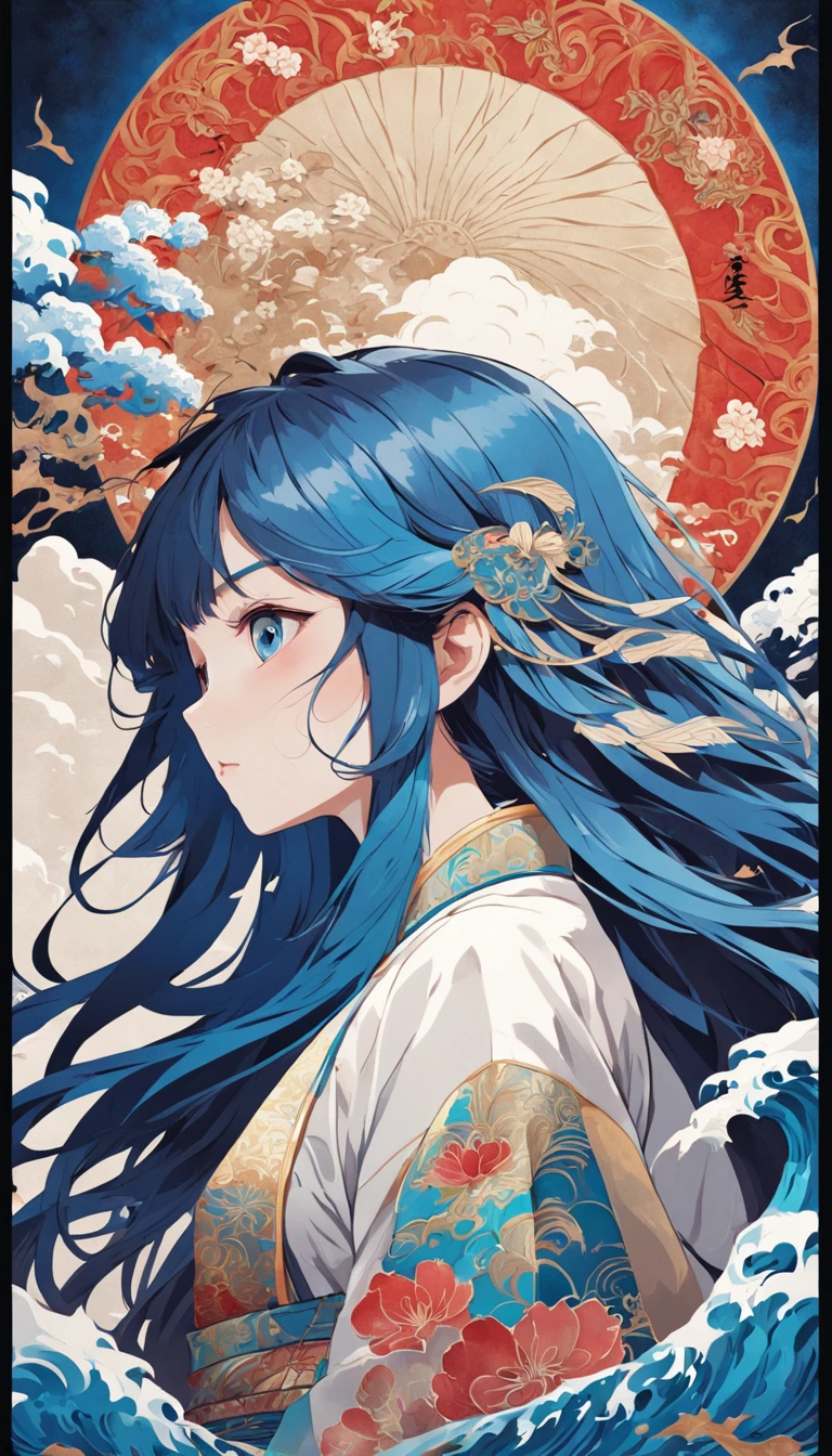 (White background:1.4),(Silhouette of a girl's head, Blue pupil,Colorful long hair, Oriental elements),(Chinese Illustration:1.3,paper art:1.3, Quilted Paper Art:1.2),( Reasonable design, Clear lines, High Sharpness,Best Quality, Very detailed, masutepiece, Movie Light Effects, 4K )