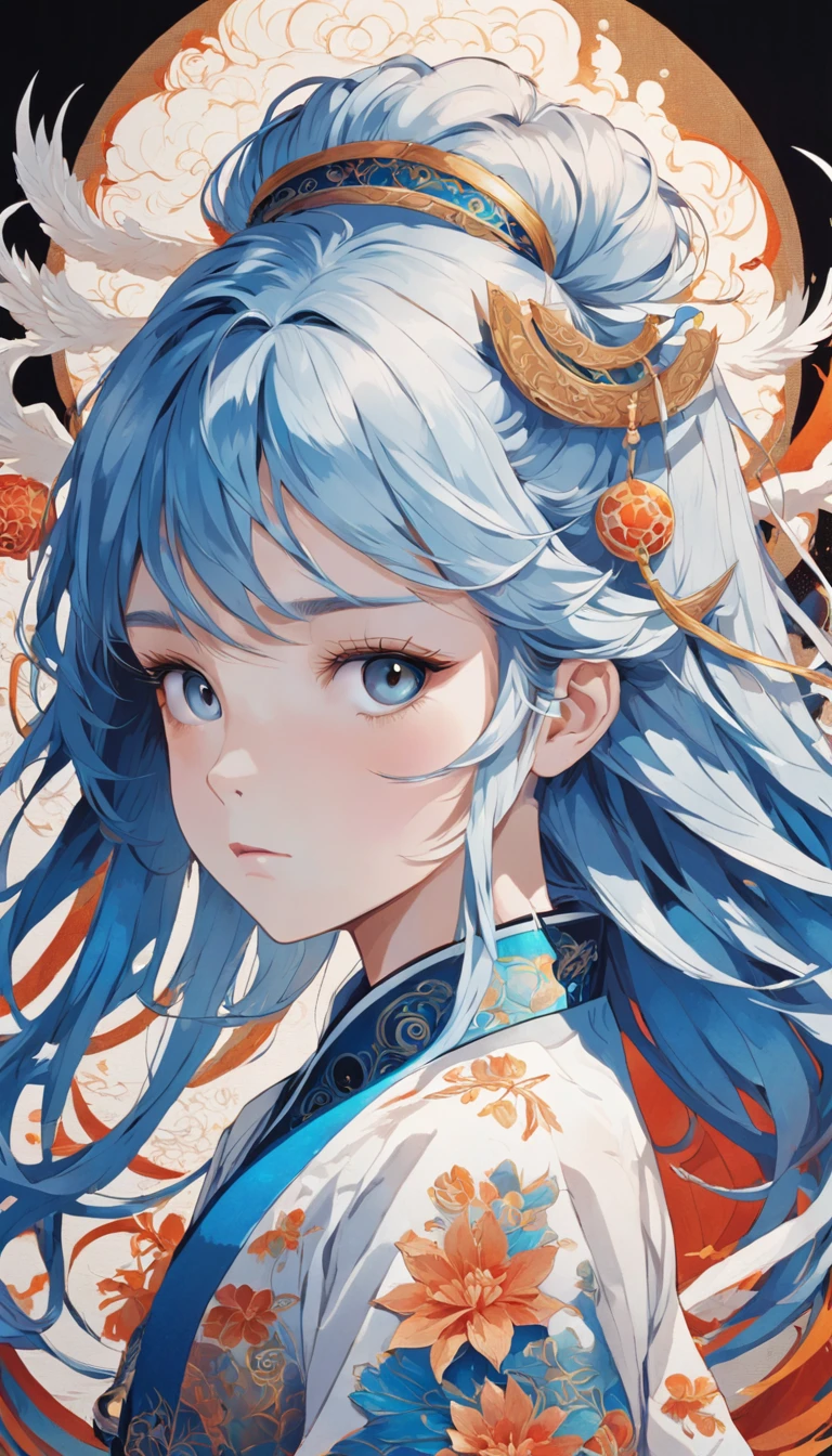 (White background:1.4),(Silhouette of a girl's head, Blue pupil,Colorful long hair, Oriental elements),(Chinese Illustration:1.3,paper art:1.3, Quilted Paper Art:1.2),( Reasonable design, Clear lines, High Sharpness,Best Quality, Very detailed, masutepiece, Movie Light Effects, 4K )
