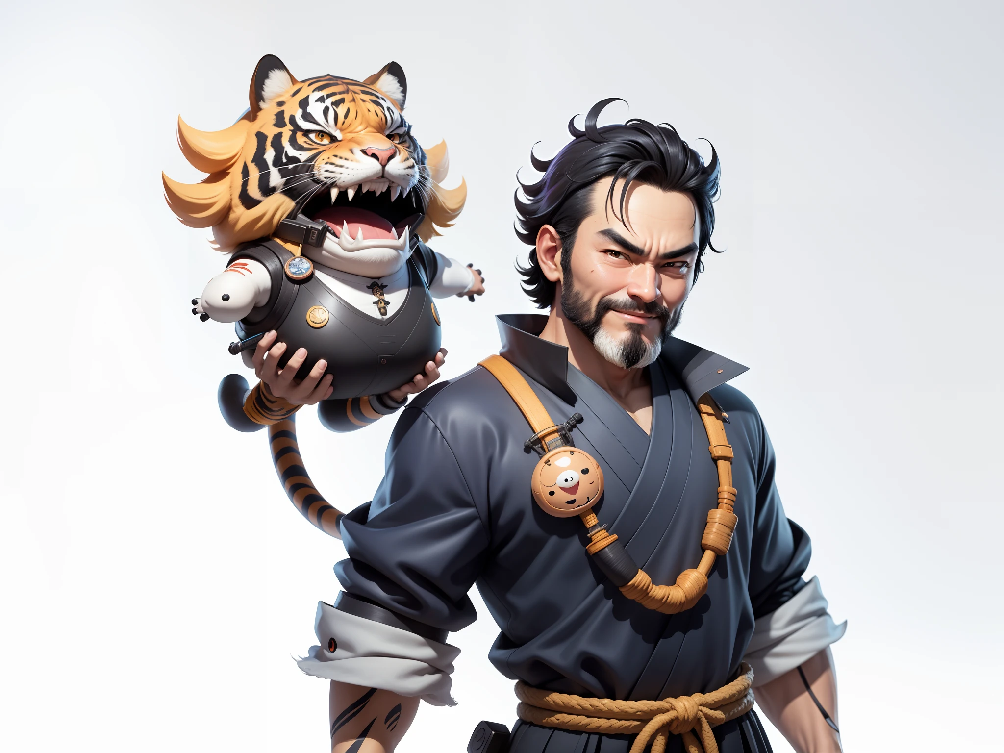 (Daisaku),(Need),(Super meticulous),(full bodyesbian:1.2),Super young man with Japanese geisha,Beautiful,orient,one tiger,Aeolian Thor,Raised sexy,爆乳,Oriental face,TV Anchor,Bust portrait illustration,In black suit,a blue tie,The face is slightly chubby,The face was clean,without a beard,Black super short hair,Black eyes,Smile confidently,3C computer sub-products,iPad, iphone,Digital painting,3D character design by Mark Clairen and Pixar and Hayao Miyazaki and Akira Toriyama,The illustration is a high-definition illustration in 4K resolution,With very detailed facial features and cartoon-style visuals。