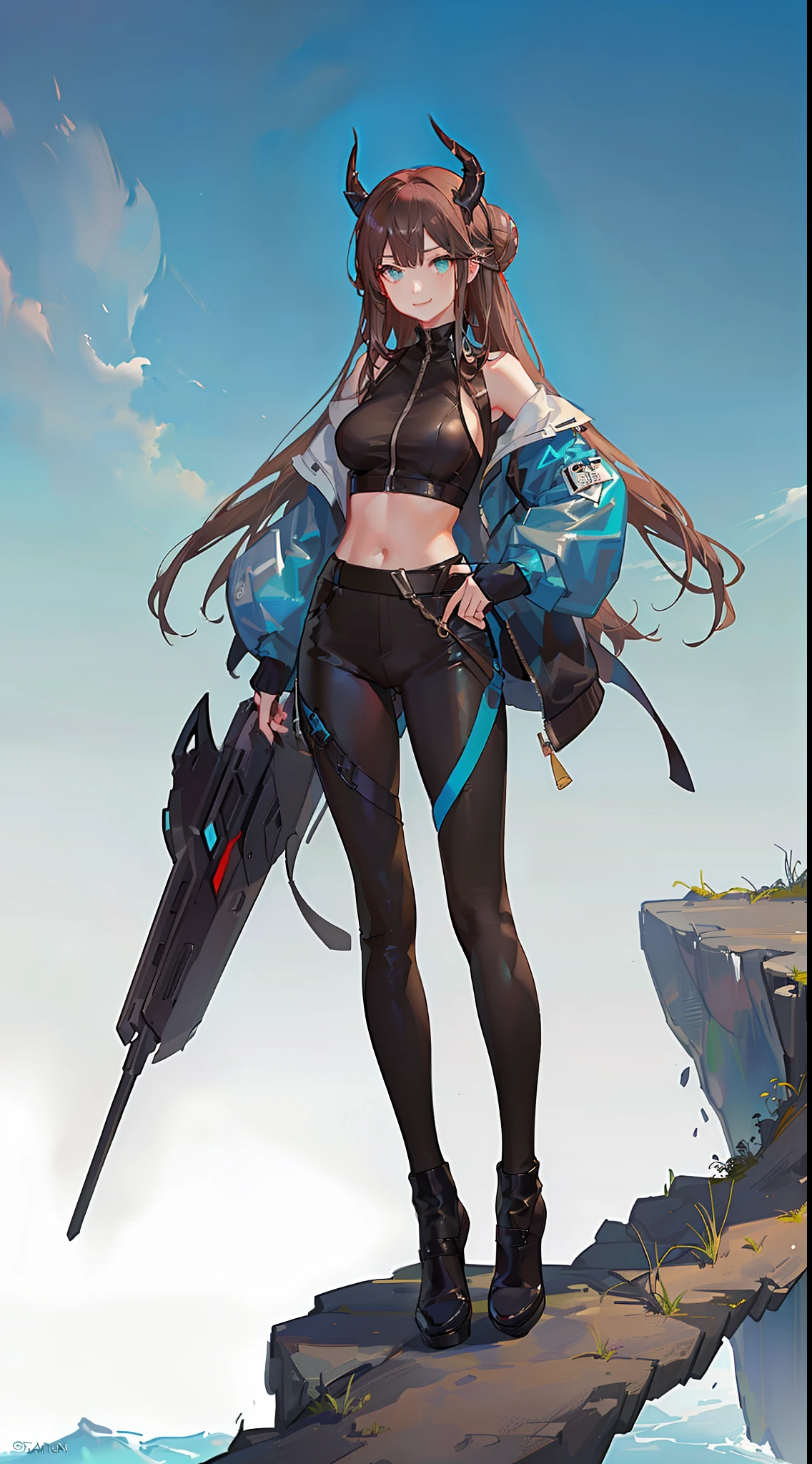 Adult woman, Long brown hair, hair in a bun, Cyan eyes, dragon horns, black tight pants, Black tight top, White leather jacket, ssmile, Masterpiece, hiquality