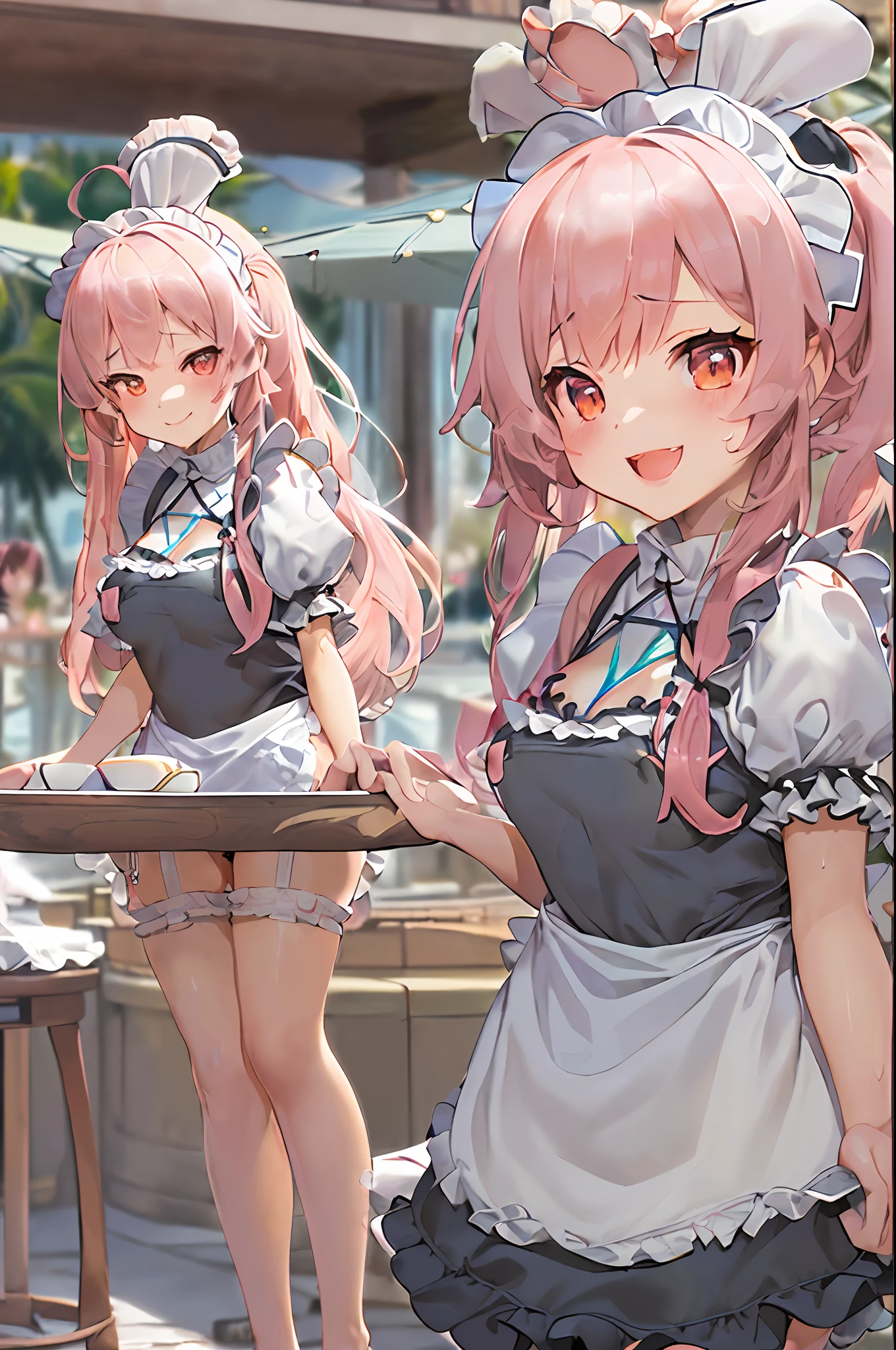 nsfw,(illustration,official art,hentai game cg,highres,soft focus,transparent skin:1.4),(1girl,pink hair,twintails:1.4),(loli,innocent girl,chestity,12yo:1.8),(undersized tight narrow short skimpy (micro bikini maid uniform:1.2),(frilled apron:1.4):1.6),(beautiful detailed oversized huge gigantic thick natural round boobs:1.8),(oversized protuberant extruded bulged raised puffy thick cleavage:1.4),(loving evil smile:1.4),(outdoors,in (gorgeous luxury vip cafe:1.2),hot summer:1.4),(sweaty,beach:1.2)