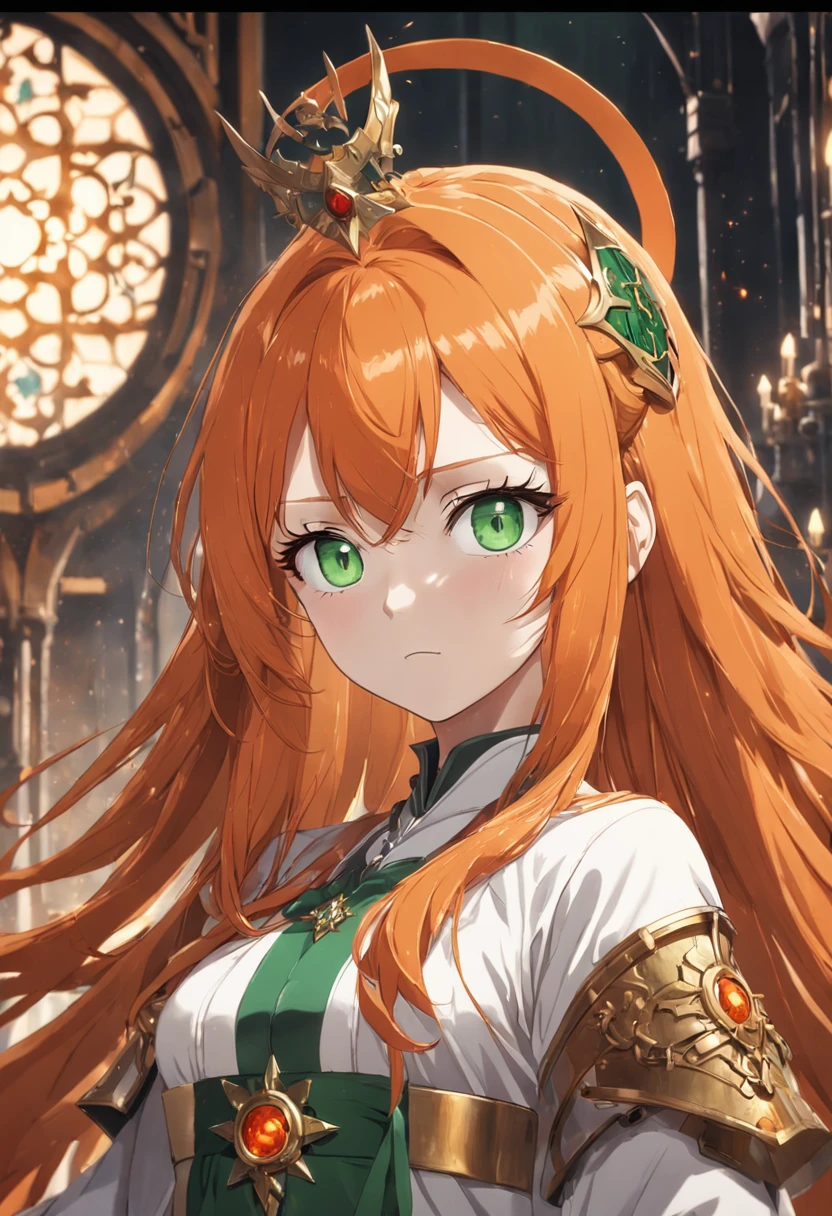 1female, orange hair, long orange hair, green eyes, throne room background, white robes with red cross, best quality, detailed face, detailed eyes