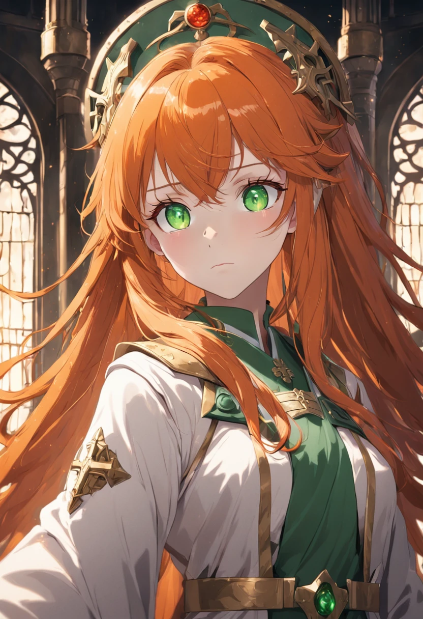 1female, orange hair, long orange hair, green eyes, throne room background, white robes with red cross, best quality, detailed face, detailed eyes