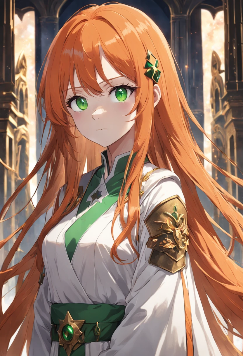 1female, orange hair, long orange hair, green eyes, throne room background, white robes with red cross, best quality, detailed face, detailed eyes