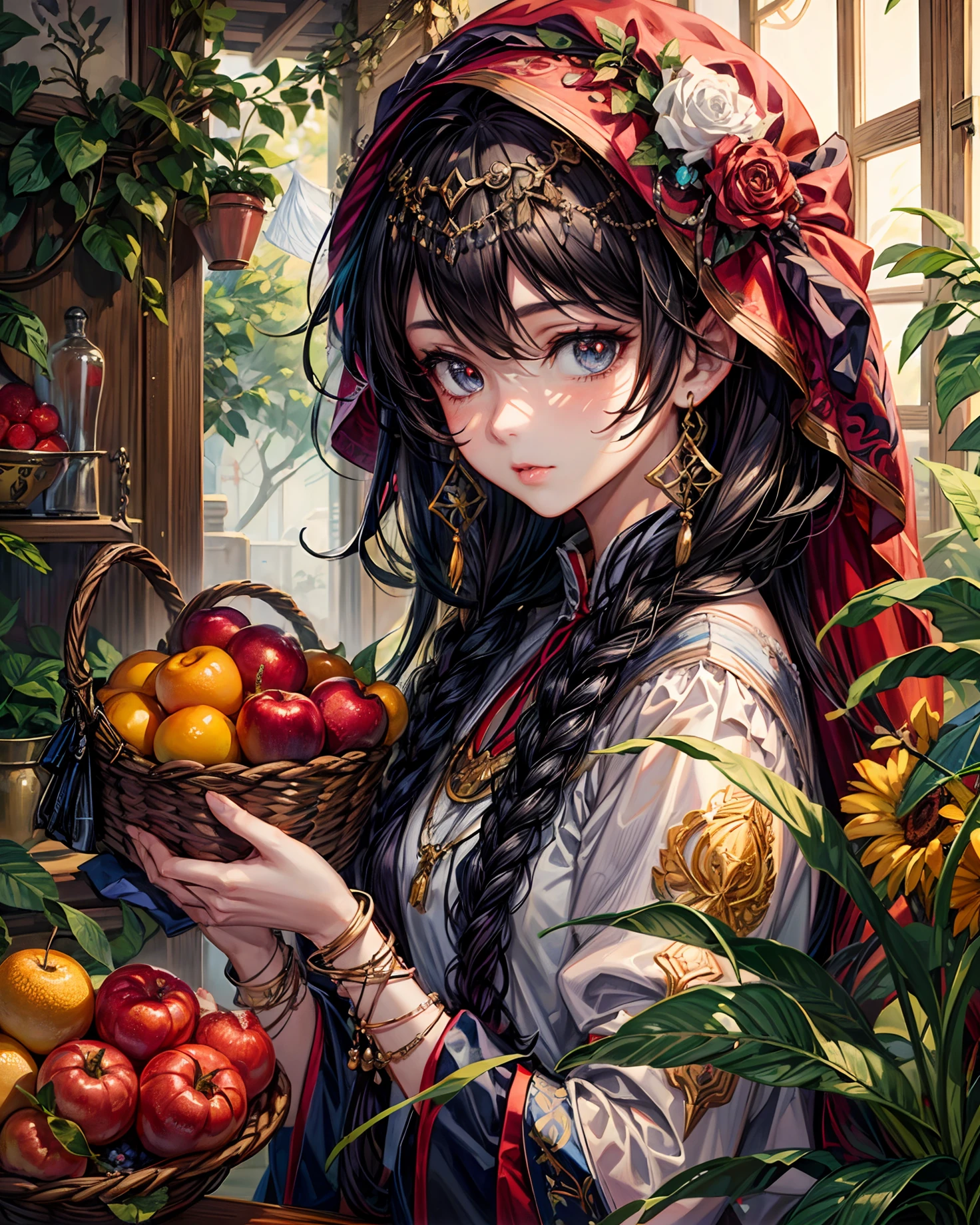a woman in a traditional dress holding a basket of fruit, boho chic | | very anime!!!, artwork in the style of guweiz, detailed digital anime art, official art, detailed anime art, clean detailed anime art, beautiful anime artwork, beautiful anime art, detailed anime artwork, guweiz, traditional beauty, beautiful anime art style, eastern art style