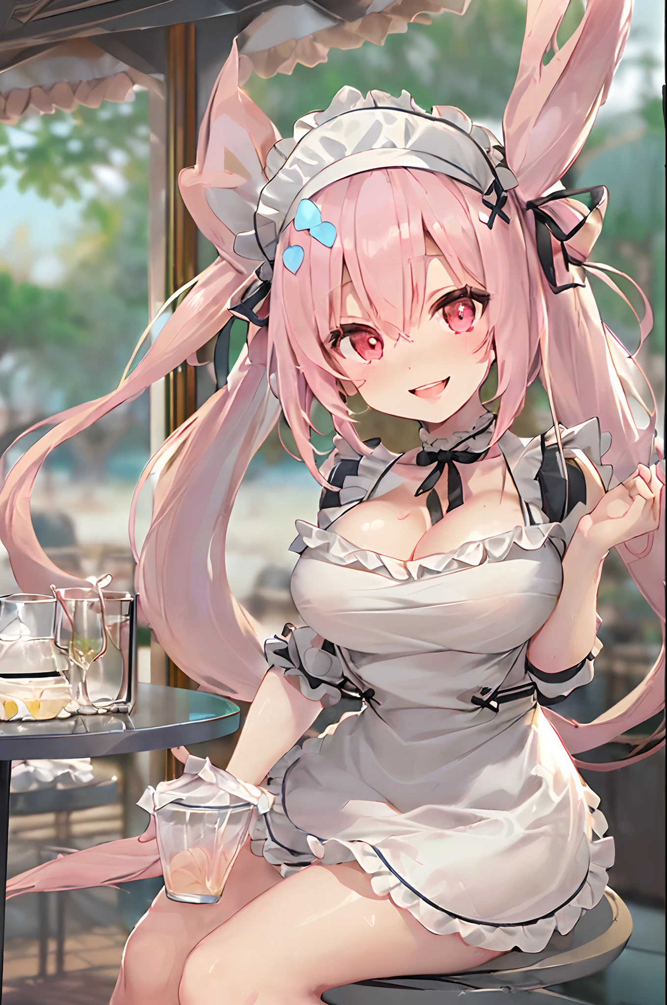 nsfw,(illustration,official art,hentai game cg,highres,soft focus,transparent skin:1.4),(1girl,pink hair,twintails:1.4),(loli,innocent girl,chestity,12yo:1.8),(undersized tight narrow short skimpy (micro bikini maid uniform:1.2),(frilled apron:1.4):1.6),(beautiful detailed oversized huge gigantic thick natural round boobs:1.8),(oversized protuberant extruded bulged raised puffy thick cleavage:1.4),(loving evil smile:1.4),(outdoors,in (gorgeous luxury vip cafe:1.2),hot summer:1.4),(sweaty,beach:1.2)