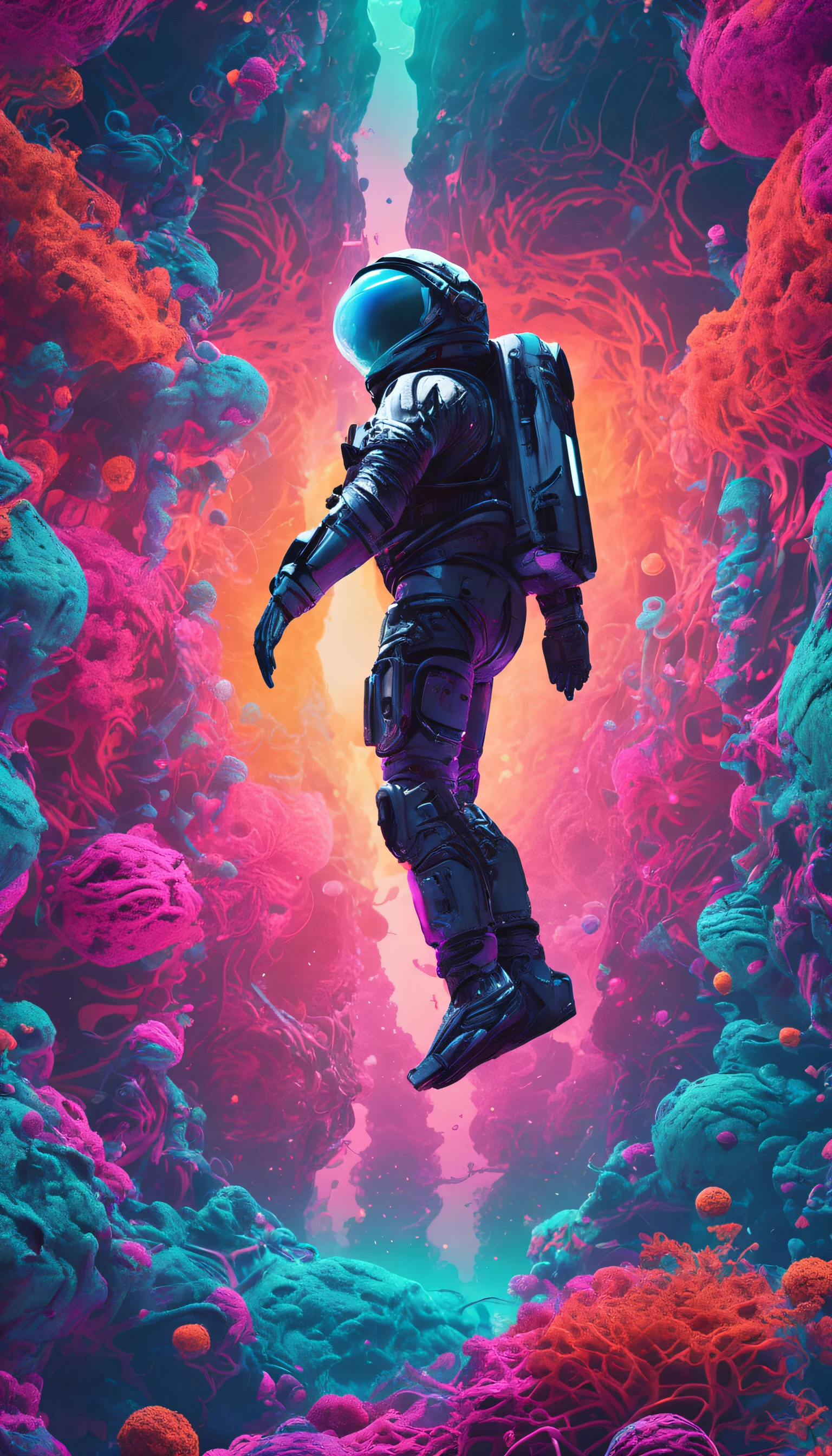 A cybernetic astronaut floats in a surreal landscape of neon fractals and bright glyph patterns.