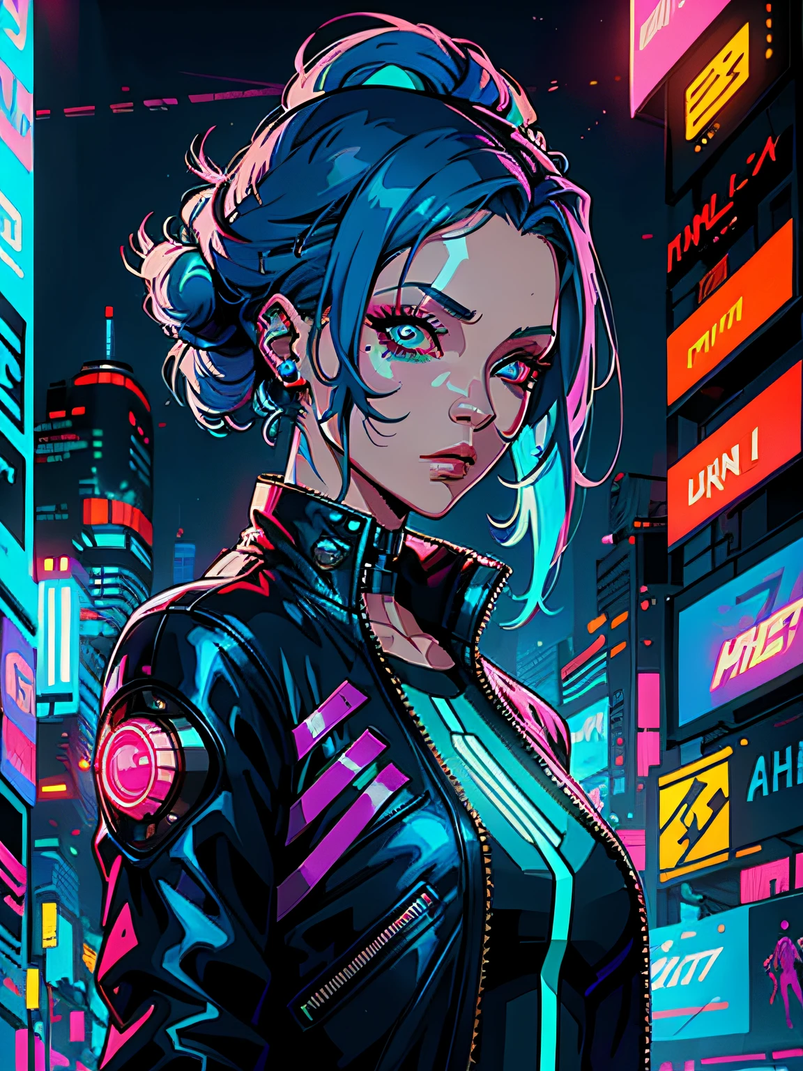 a digital painting of a woman with blue hair, cyberpunk art by Josan Gonzalez, behance contest winner, afrofuturism, synthwave, neon, glowing neon