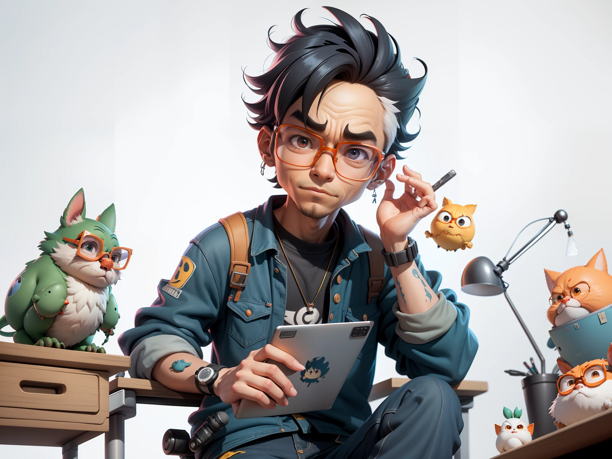A young man with glasses sits at his desk，holding laptop，digitial painting，3D character design by Mark Clairen and Pixar and Hayao Miyazaki and Akira Toriyama，4K HD illustration，Very detailed facial features and cartoon-style visuals。