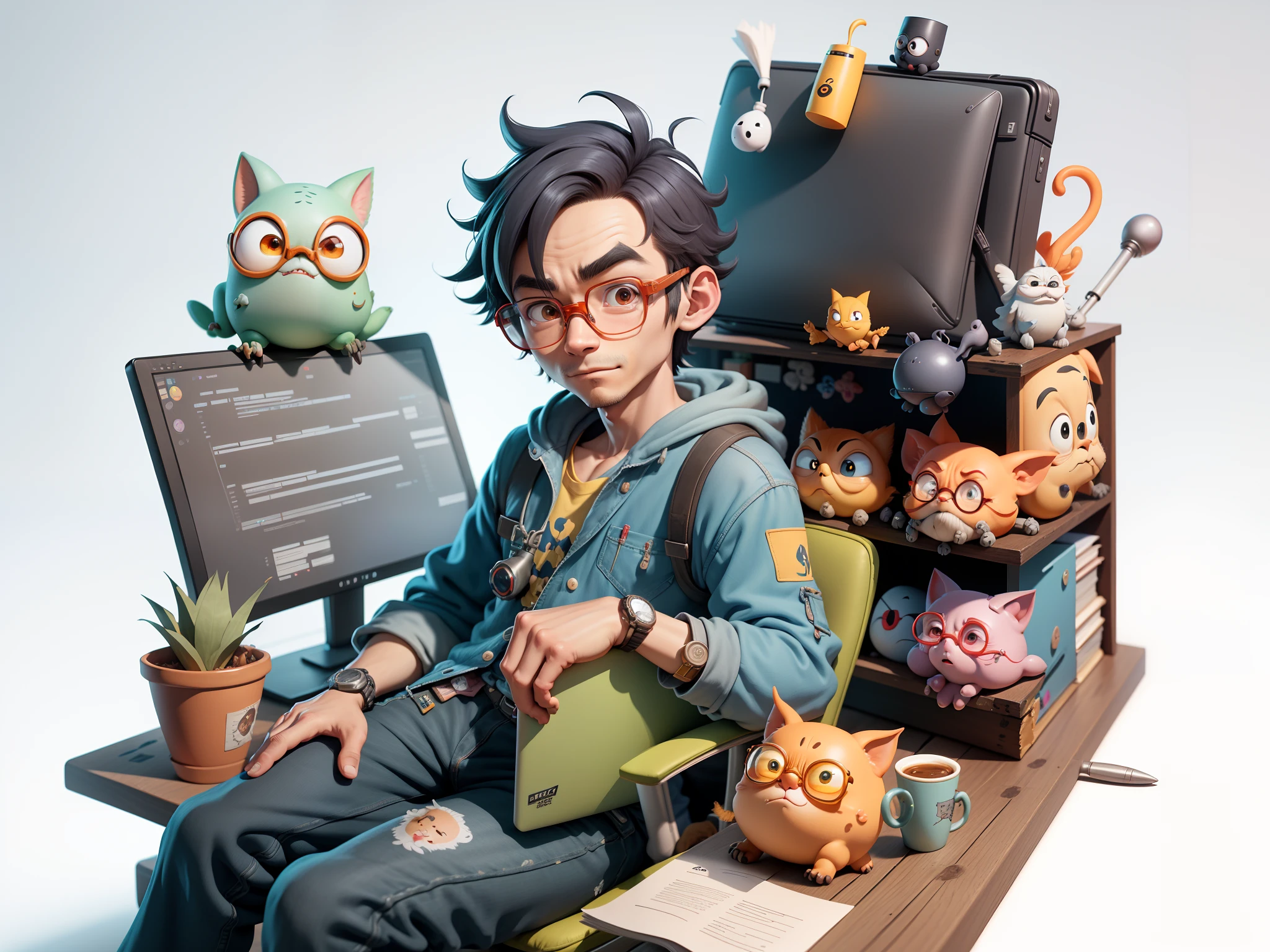 A young man with glasses sits at his desk,holding laptop,digitial painting,3D character design by Mark Clairen and Pixar and Hayao Miyazaki and Akira Toriyama,4K HD illustration,Very detailed facial features and cartoon-style visuals。