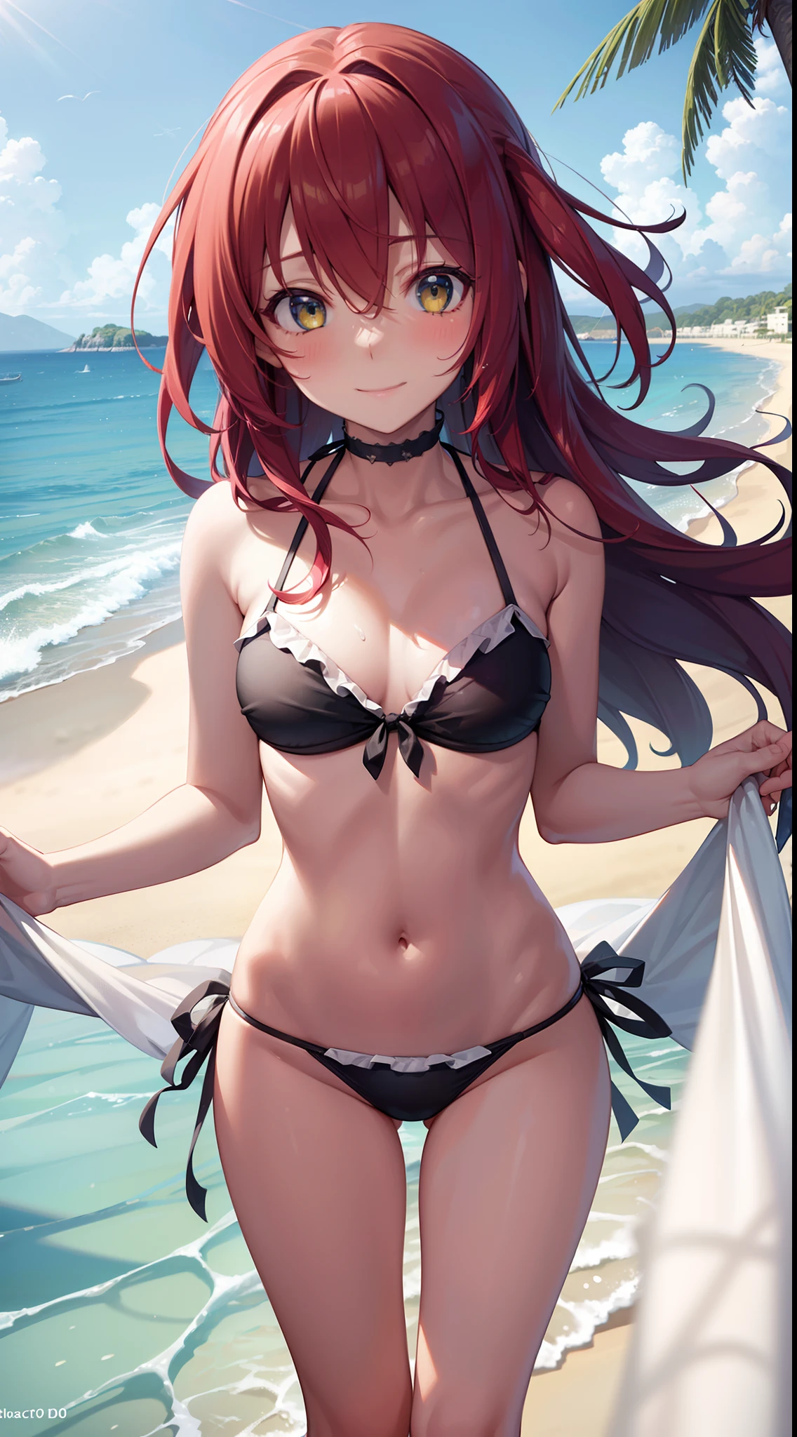 sharp focus, best quality, depth of field, cinematic light, detailed outfit, 8k, perfect eyes, rich in details and textures, detailed body, detailed eyes, smile, beach, sea, dramatic skylines, sand, , cute, ((bikini)), blushing, happily playing in water sea water