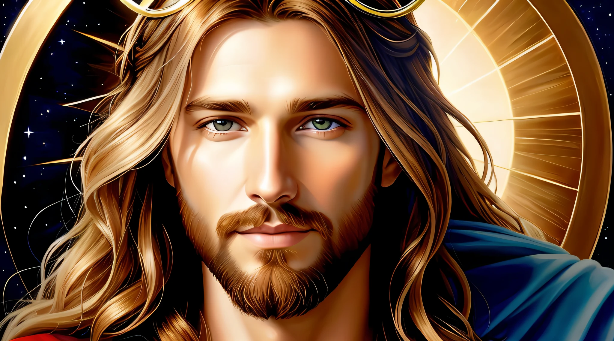 Jesus with a halo and sunglasses on his head, Retrato de Jesus Cristo, Jesus Cristo, rosto de jesus, bonito impressionante realista, jesus of nazareth, pintura digital renascentista, detalhe detalhado do fundo do rosto, bonito rosto detalhado, lindo pintura digital, pintura digital detalhada, pintura digital impressionante, arte digital detalhada, airbrush digital oil painting, retrato de fantasia digital, rosto realista detalhado
