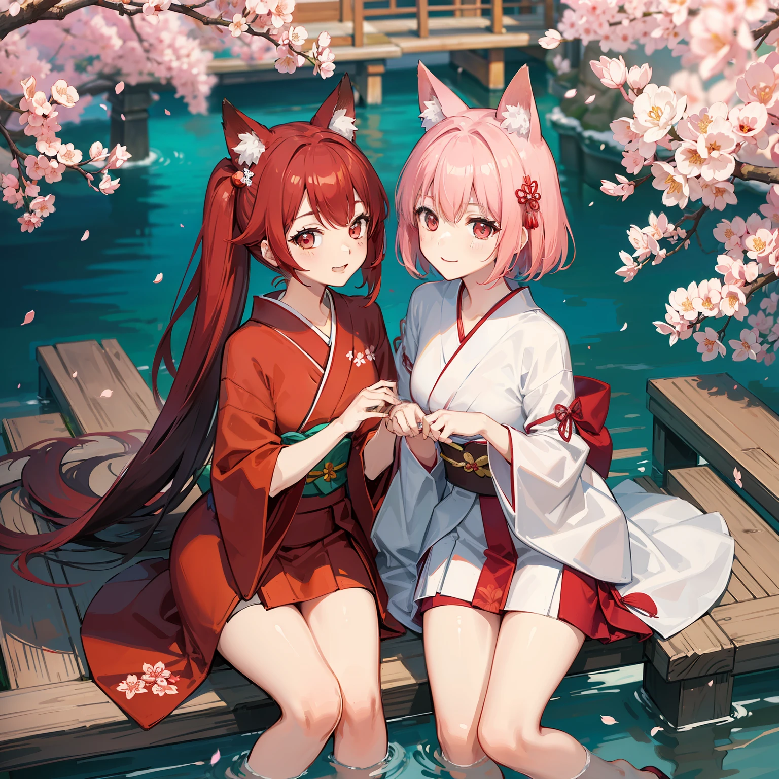 Japanese style Cherry blossoms are scattered Wearing a red kimono Fox ears Smile Double teeth On the bridge Sister My sister's hair color is red My sister is pink