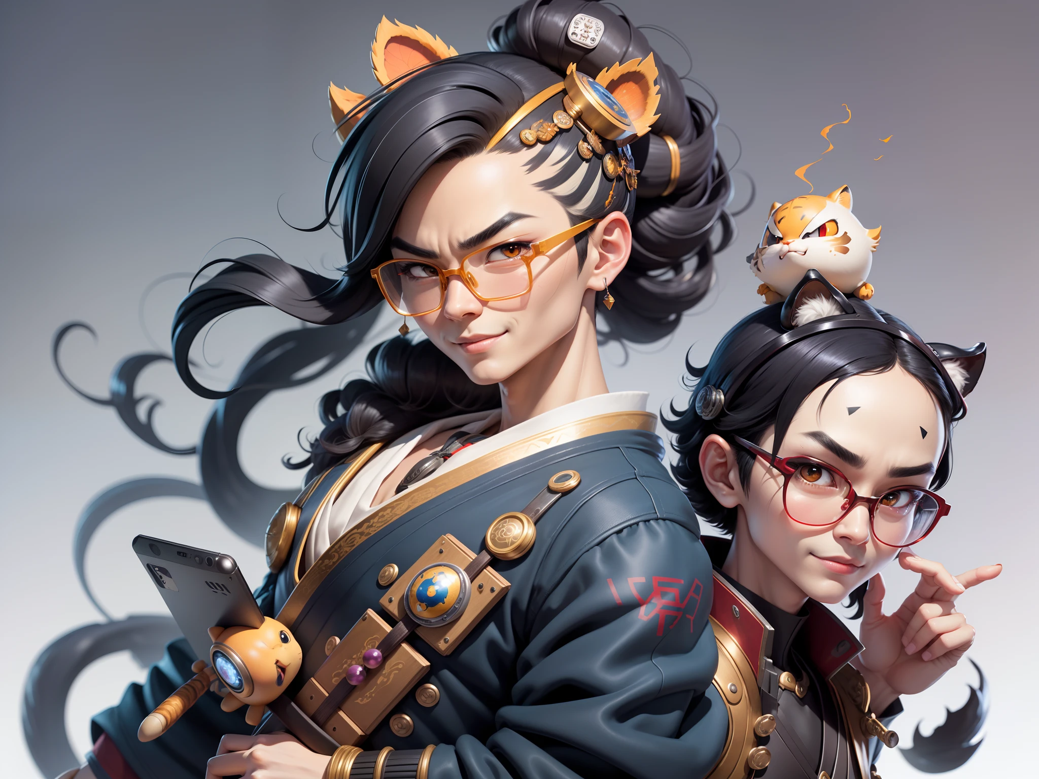 (Masterpiece), (Excellent), (Super Meticulous), (Full Body: 1.2), Super Young Man with Japanese Female Geisha, Pretty, Beautiful, Chinese Dragon, Tiger, Wind God Thor, Sexy, Bursting, Oriental Face, TV Anchor, Bust Portrait Illustration, Black Suit, Blue Tie, Slightly Chubby Face, Silver Glasses, Very Clean Face, No Beard on Chin, Black Super Short Hair, Black Eyes, Confident Smile, 3c Computer Sub-Products, iPad, iPhone, Digital Painting, 3D character design by Mark Clairedon and Pixar and Hayao Miyazaki and Akira Toriyama, the illustrations are HD illustrations in 4K resolution with highly detailed facial features and cartoon-style visuals.