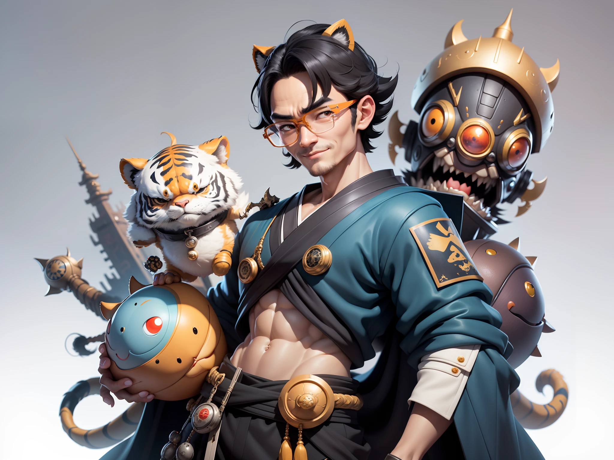 Young man with oriental face wearing leather hat wearing dragon shirt Tang costume, short black hair, silver glasses, digital painting, 3D character design by Mark Clairedon and Pixar and Hayao Miyazaki and Akira Toriyama, the illustration is a high-definition illustration in 4K resolution with very detailed facial features and cartoon-style visuals.