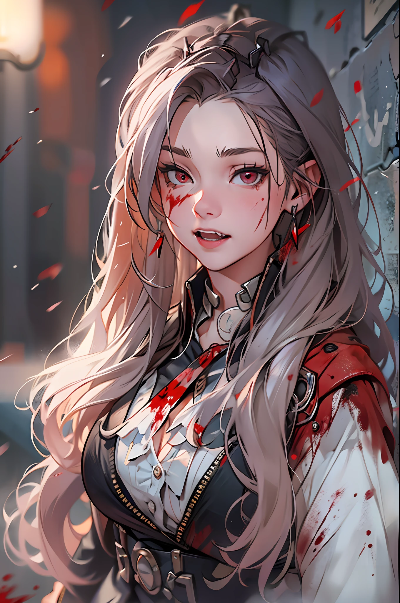 of a real，Perfect facial features，Realistic skin texture，Cute  vampire girl，closeup cleavage，head portrait，with her mouth open，（See the throat：1.4），Blood-red eyes，（long canine teeth：1.4），There is blood on the teeth，long whitr hair，（blood stains at the corners of the mouth：1.4），Blood，depth of fields，dynamic blur，high light，Real light，Ray traching，oc rendered，Hyper-realistic，best qualtiy，8K，Works of masters，super-fine，Detailed pubic hair，Correct anatomy，sharp focus on eyes，Bokeh，Facial features are carefully depicted