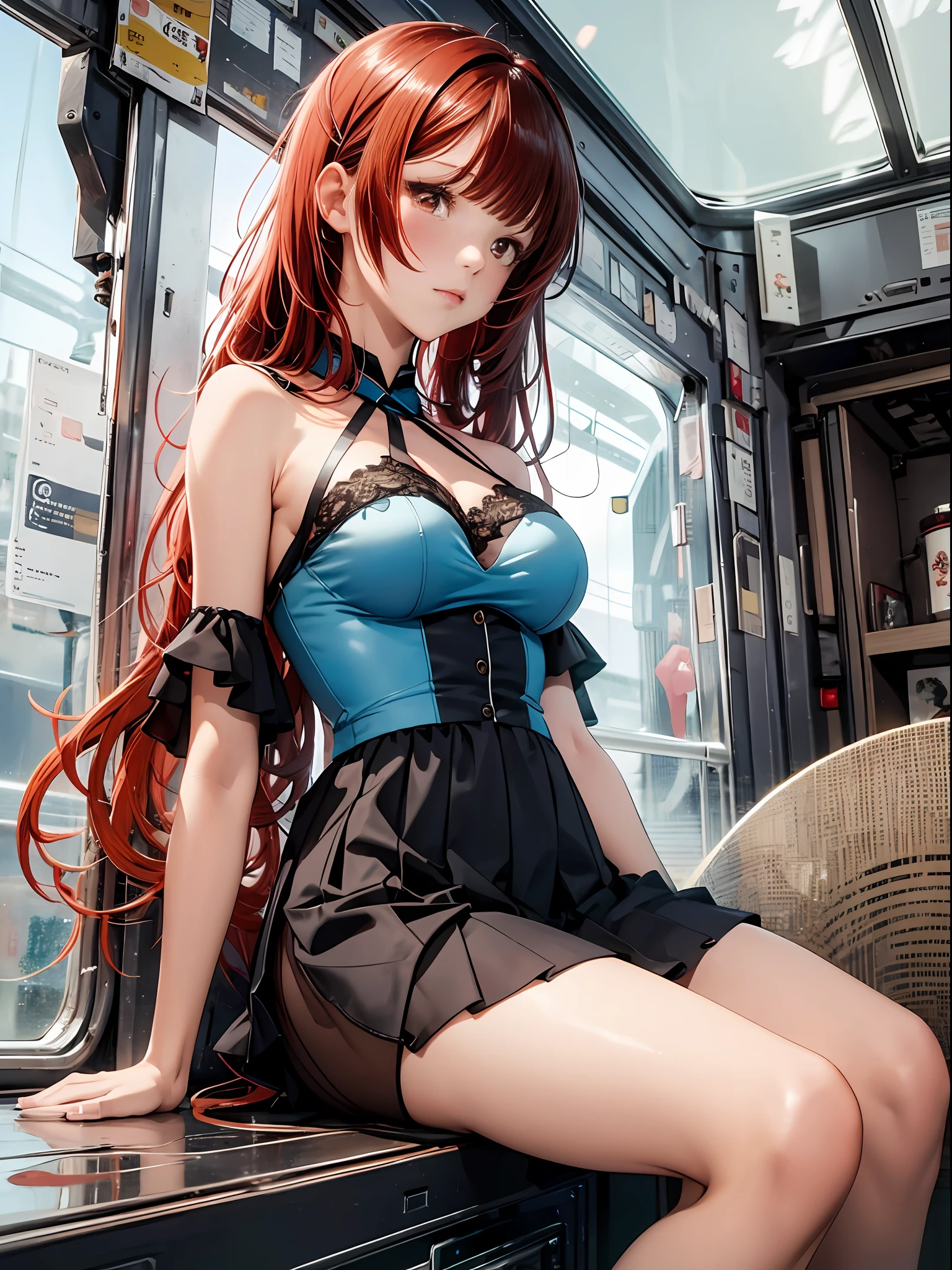(Enrich the picture,Masterpiece level quality)Beautiful 8K CG artwork,Goddess-like posture,Sitting in the cabin of an airplane,Postural exercises,Slim and soft,Translucent skin,Red hair、The beauty of extra-long hair, Super Long Straight Hair,The skin is fair and juicy,Big breasts lingerie miniskirt uniform,Perspective Part 1.2x enhanced silhouette effect,Exquisite transparent blues pattern in pajamas,The details are intricate and exquisite,The background is slightly blurred,Charming and lustful leg seduction,Drool,K cup big breasts,Blush,Japan goddess,Perfect body slim curves,Cabin scene,Lace panties can be seen,spread their legs,