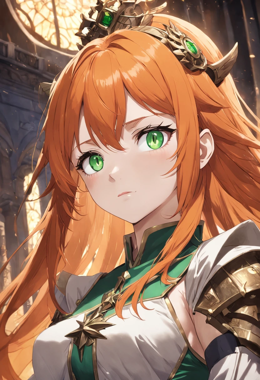 1female, orange hair, long orange hair, green eyes, throne room background, red cross on chest, best quality, detailed face, detailed eyes