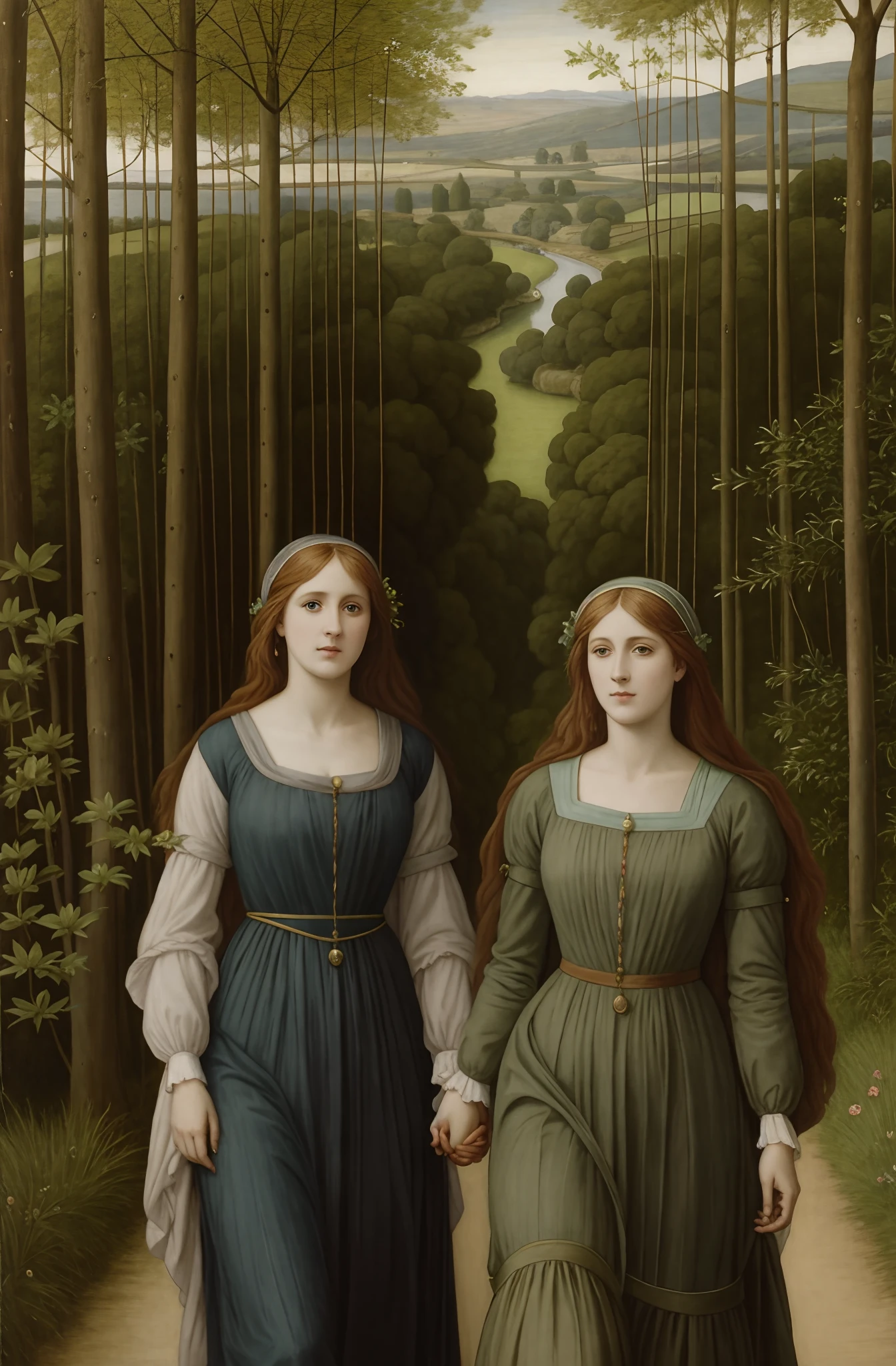 (((Pre-Raphaelite painting of the Alameda de Álamo-Tremedor women holding hands, Poplar-tremedor, amigas, paisagem celta)))