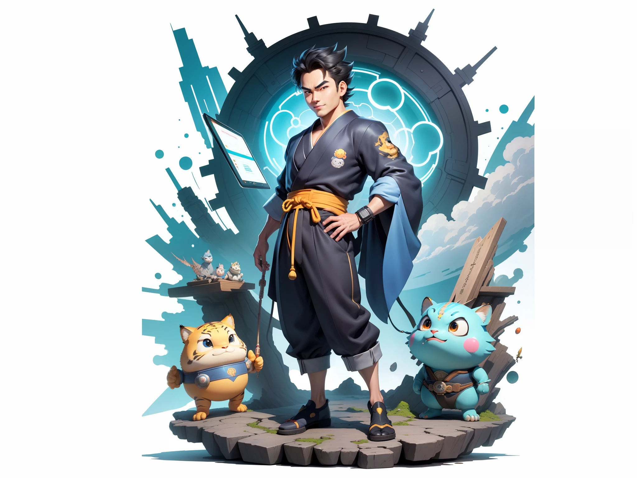 (Masterpiece), (Excellent), (Super Meticulous), (Full Body: 1.2), Super Young Man, Oriental Face, Japanese Kimono, Japanese Wind Thunder God, Dragon, Tiger, TV Anchor, Bust Portrait Illustration, Alone, Black Suit, Blue Tie, Slightly Chubby Face, Very Clean Face, No Beard, Black Super Short Hair, Black Eyes, Confident Smile, 3c Computer Sub-Products, iPad, iPhone, Digital Painting, 3D Character Design by Akira Toriyama and Mark Claireden and Pixar and Hayao Miyazaki, The illustration is a high-definition illustration in 4K resolution with very detailed facial features and cartoon-style visuals.