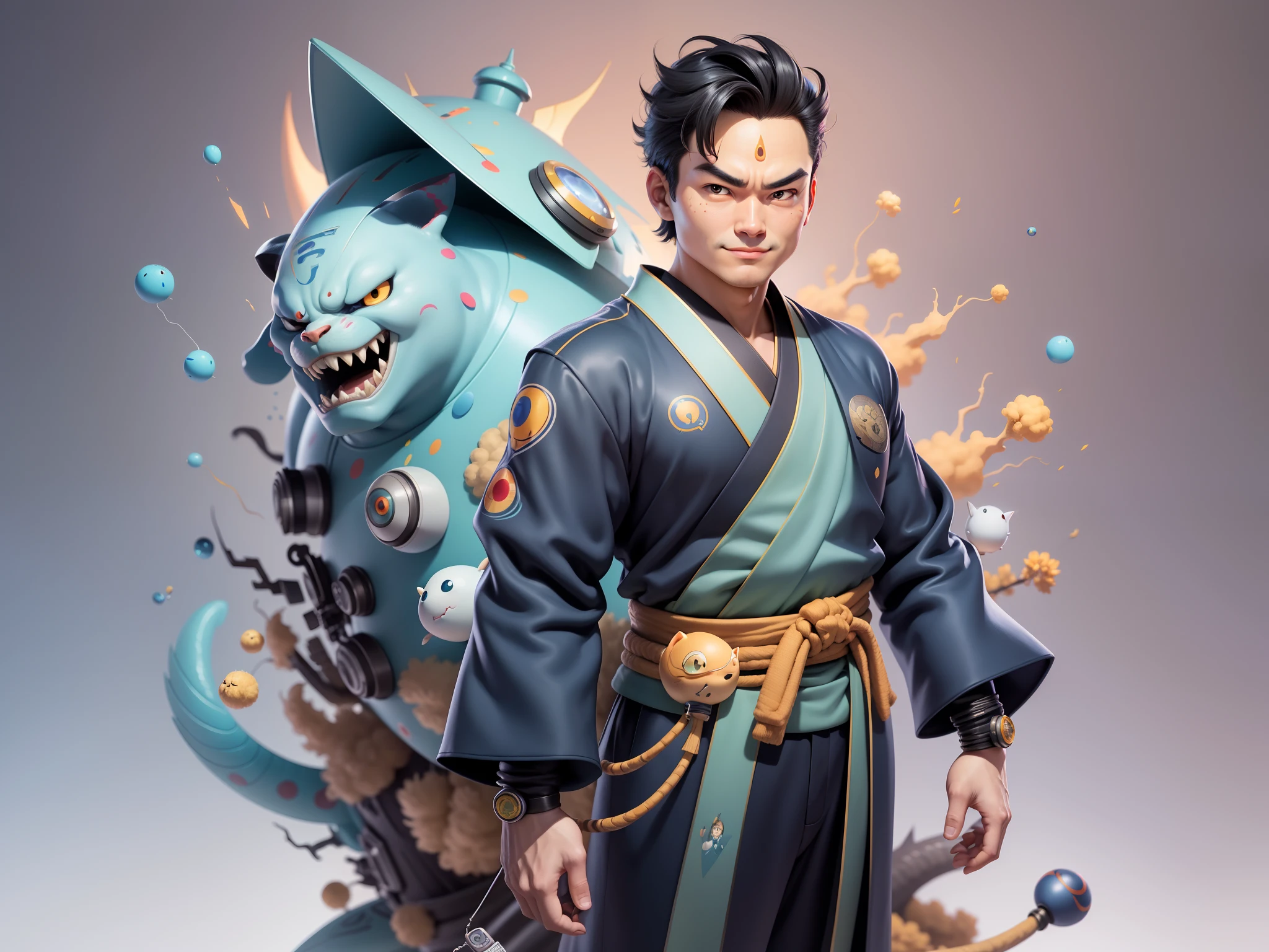 (Masterpiece), (Excellent), (Super Meticulous), (Full Body: 1.2), Super Young Man, Oriental Face, Japanese Kimono, Japanese Wind Thunder God, Dragon, Tiger, TV Anchor, Bust Portrait Illustration, Alone, Black Suit, Blue Tie, Slightly Chubby Face, Very Clean Face, No Beard, Black Super Short Hair, Black Eyes, Confident Smile, 3c Computer Sub-Products, iPad, iPhone, Digital Painting, 3D Character Design by Akira Toriyama and Mark Claireden and Pixar and Hayao Miyazaki, The illustration is a high-definition illustration in 4K resolution with very detailed facial features and cartoon-style visuals.