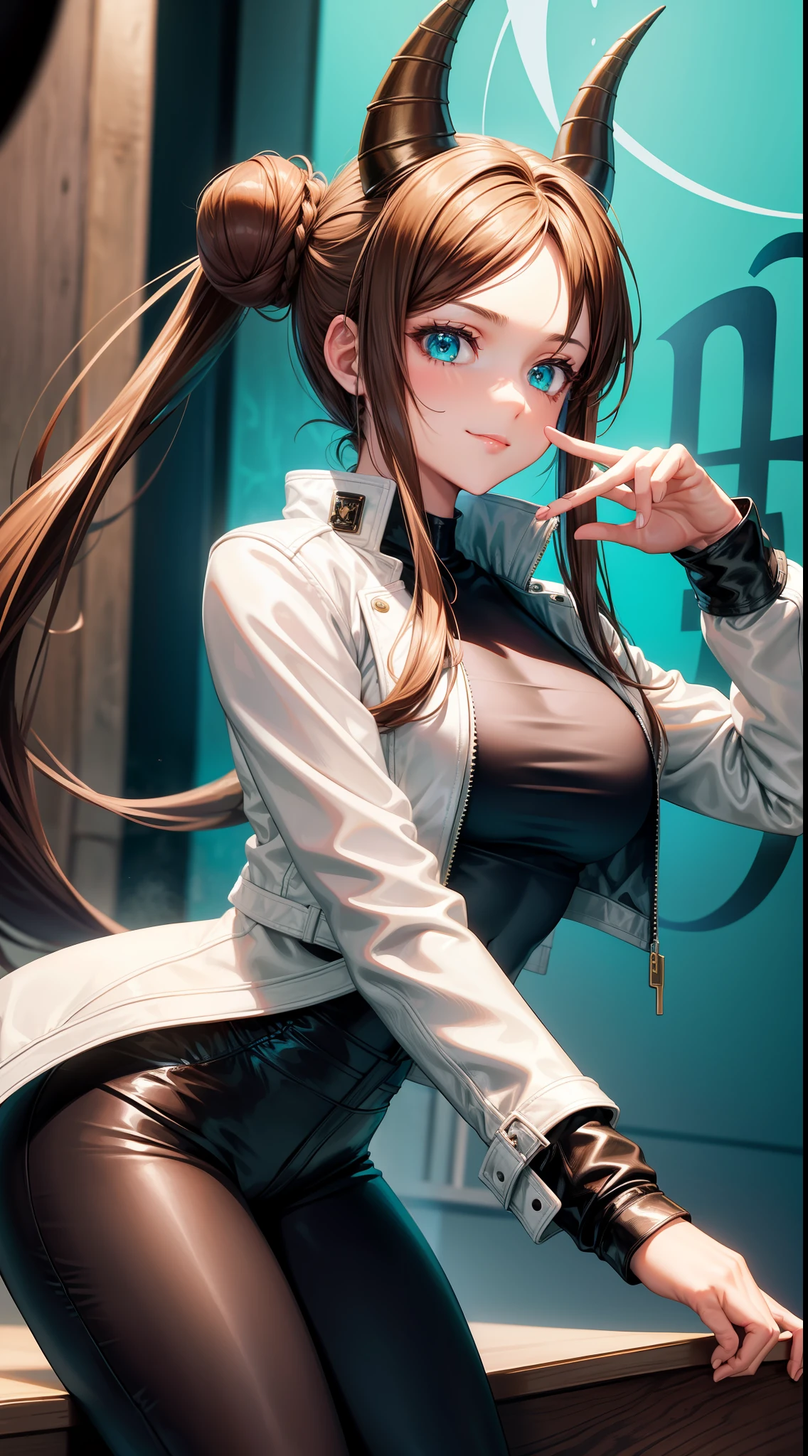 Adult woman, Long brown hair, hair in a bun, Cyan eyes, dragon horns, black tight pants, Black tight top, White leather jacket, ssmile, Masterpiece, hiquality