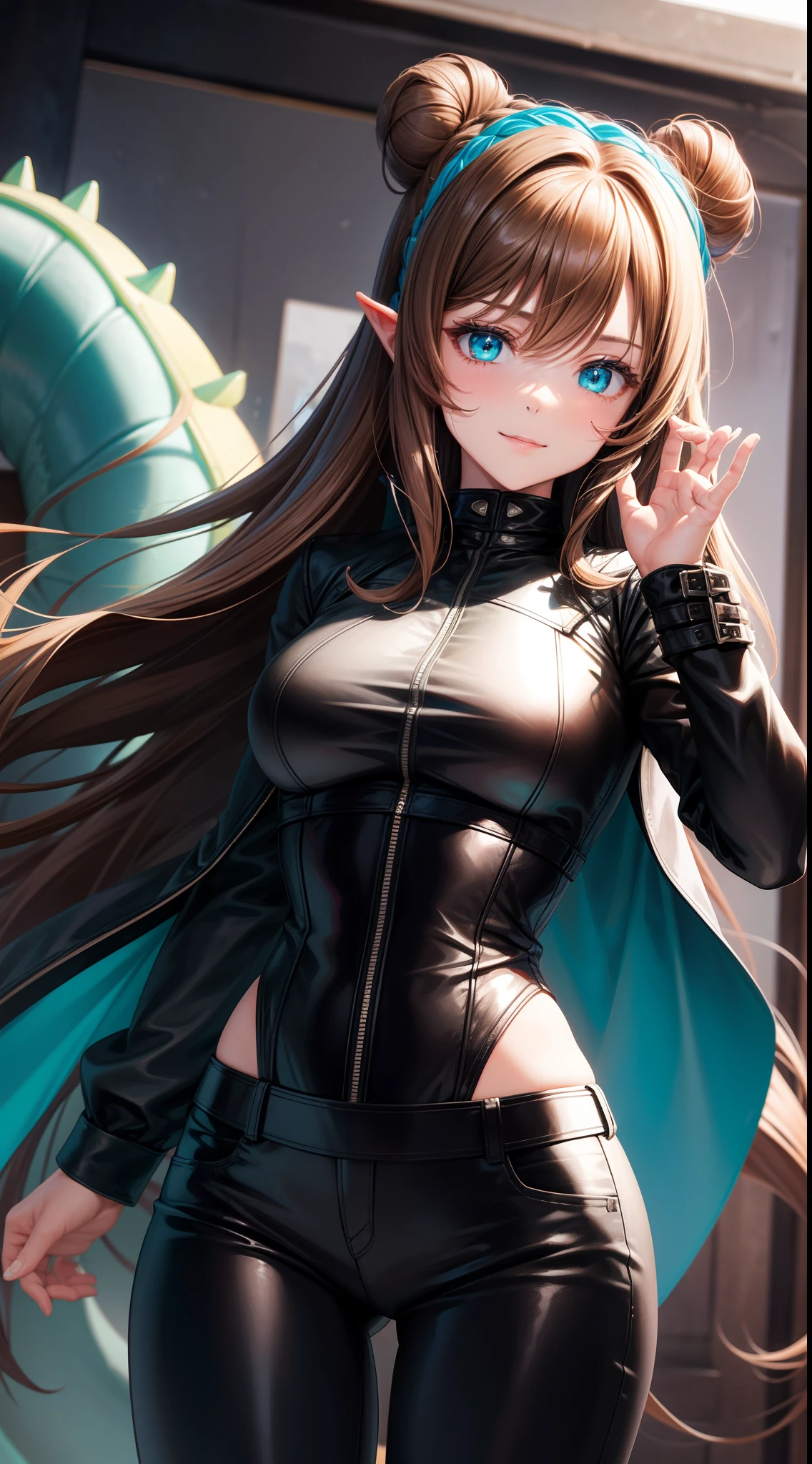 Adult woman, Long brown hair, hair in a bun, Cyan eyes, dragon horns, black tight pants, Black tight top, White leather jacket, ssmile, Masterpiece, hiquality