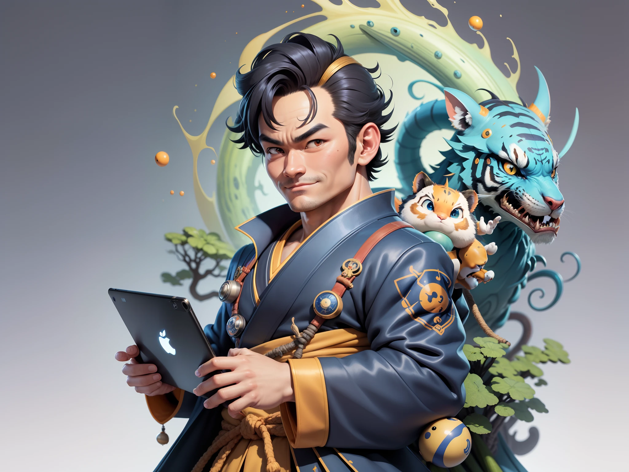 (Masterpiece), (Excellent), (Super Meticulous), (Full Body: 1.2), Super Young Man, Oriental Face, Japanese Kimono, Japanese Wind Thunder God, Dragon, Tiger, TV Anchor, Bust Portrait Illustration, Alone, Black Suit, Blue Tie, Slightly Chubby Face, Very Clean Face, No Beard, Black Super Short Hair, Black Eyes, Confident Smile, 3c Computer Sub-Products, iPad, iPhone, Digital Painting, 3D Character Design by Akira Toriyama and Mark Claireden and Pixar and Hayao Miyazaki, The illustration is a high-definition illustration in 4K resolution with very detailed facial features and cartoon-style visuals.