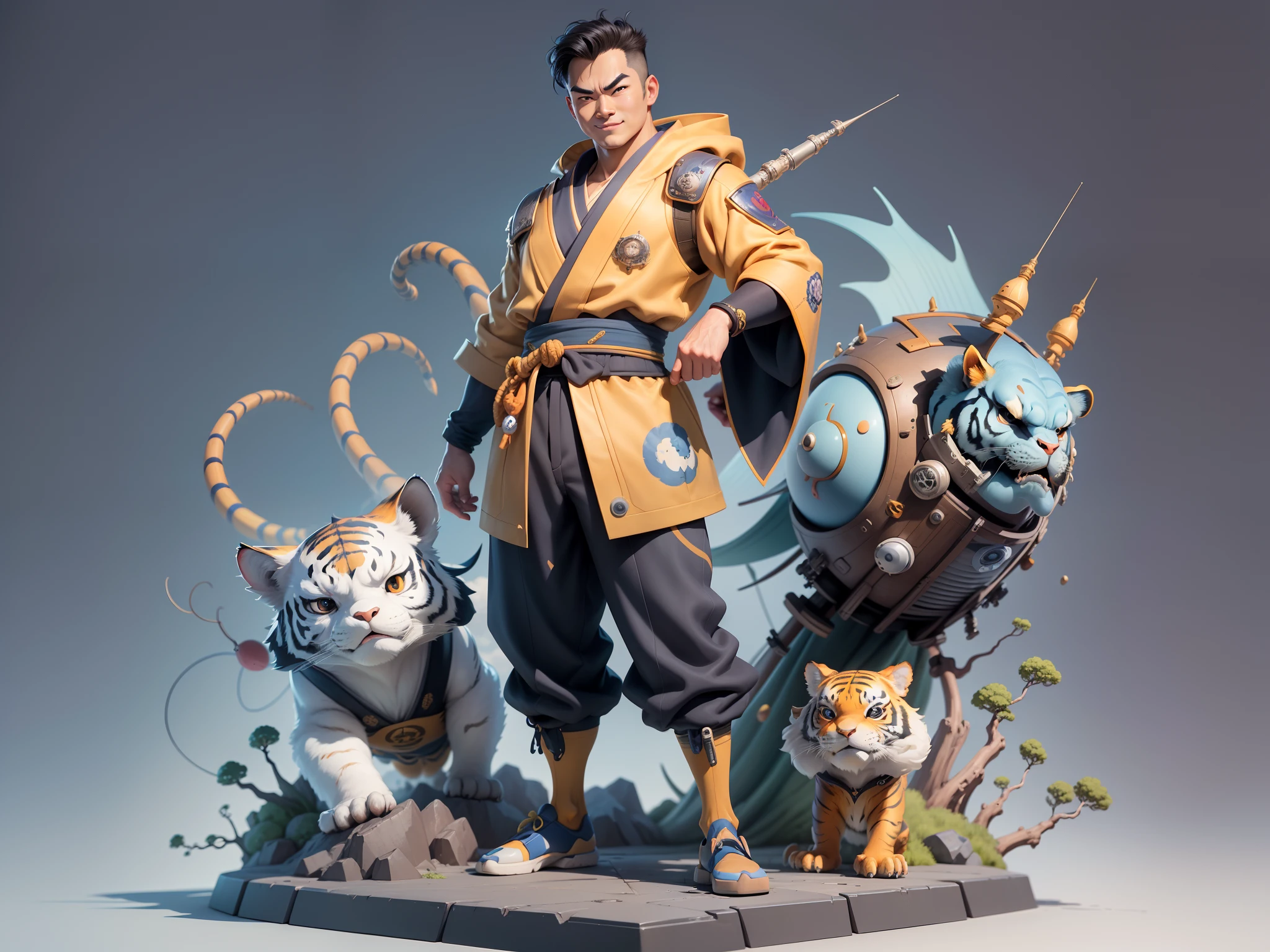 (Masterpiece), (Excellent), (Super Meticulous), (Full Body: 1.2), Super Young Man, Oriental Face, Japanese Kimono, Japanese Wind Thunder God, Dragon, Tiger, TV Anchor, Bust Portrait Illustration, Alone, Black Suit, Blue Tie, Slightly Chubby Face, Very Clean Face, No Beard, Black Super Short Hair, Black Eyes, Confident Smile, 3c Computer Sub-Products, iPad, iPhone, Digital Painting, 3D Character Design by Akira Toriyama and Mark Claireden and Pixar and Hayao Miyazaki, The illustration is a high-definition illustration in 4K resolution with very detailed facial features and cartoon-style visuals.