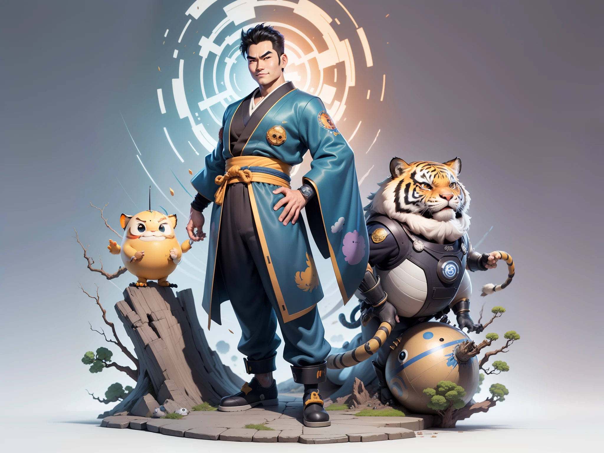 (Masterpiece), (Excellent), (Super Meticulous), (Full Body: 1.2), Super Young Man, Oriental Face, Japanese Kimono, Japanese Wind Thunder God, Dragon, Tiger, TV Anchor, Bust Portrait Illustration, Alone, Black Suit, Blue Tie, Slightly Chubby Face, Very Clean Face, No Beard, Black Super Short Hair, Black Eyes, Confident Smile, 3c Computer Sub-Products, iPad, iPhone, Digital Painting, 3D Character Design by Akira Toriyama and Mark Claireden and Pixar and Hayao Miyazaki, The illustration is a high-definition illustration in 4K resolution with very detailed facial features and cartoon-style visuals.