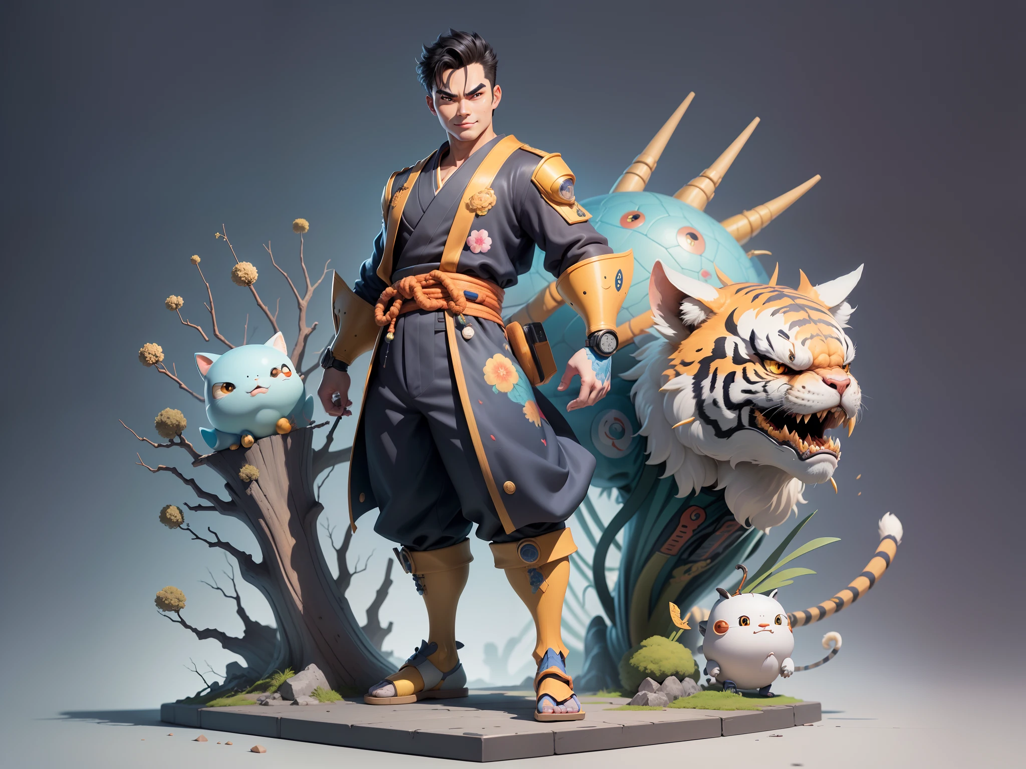(Masterpiece), (Excellent), (Super Meticulous), (Full Body: 1.2), Super Young Man, Oriental Face, Japanese Kimono, Japanese Wind Thunder God, Dragon, Tiger, TV Anchor, Bust Portrait Illustration, Alone, Black Suit, Blue Tie, Slightly Chubby Face, Very Clean Face, No Beard, Black Super Short Hair, Black Eyes, Confident Smile, 3c Computer Sub-Products, iPad, iPhone, Digital Painting, 3D Character Design by Akira Toriyama and Mark Claireden and Pixar and Hayao Miyazaki, The illustration is a high-definition illustration in 4K resolution with very detailed facial features and cartoon-style visuals.
