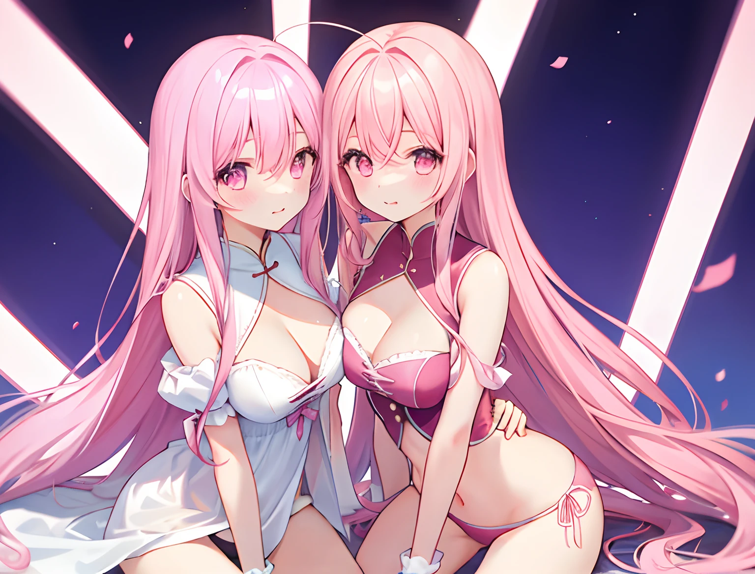 2girls，A pink-haired，long whitr hair，mediuml breasts，比基尼，Breast collision，Light panties