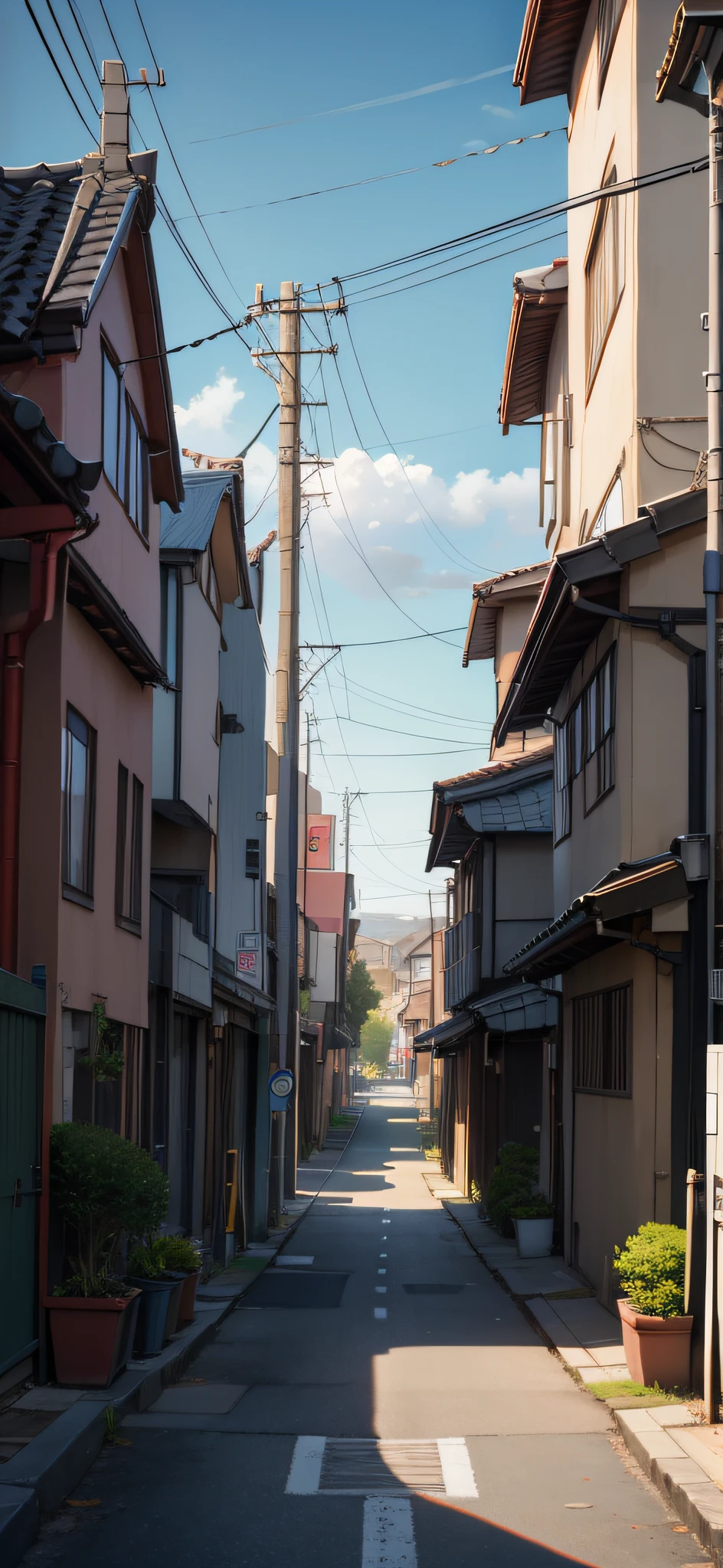 Beautiful painting style,Japanese anime aesthetics,a sailor suit,Uniform school uniform,the street,telephone poles,Signal street lights,crossroad,House row of houses。