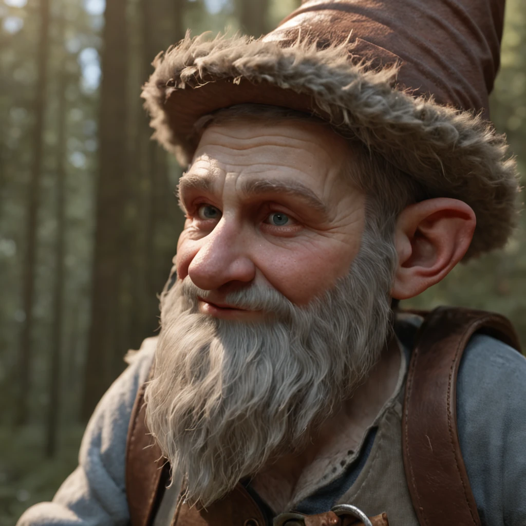 funny forest gnome, in the style of unreal engine 5, duffy sheridan, 32k uhd, douglas smith, michael malm, hyper-realistic representation, close up